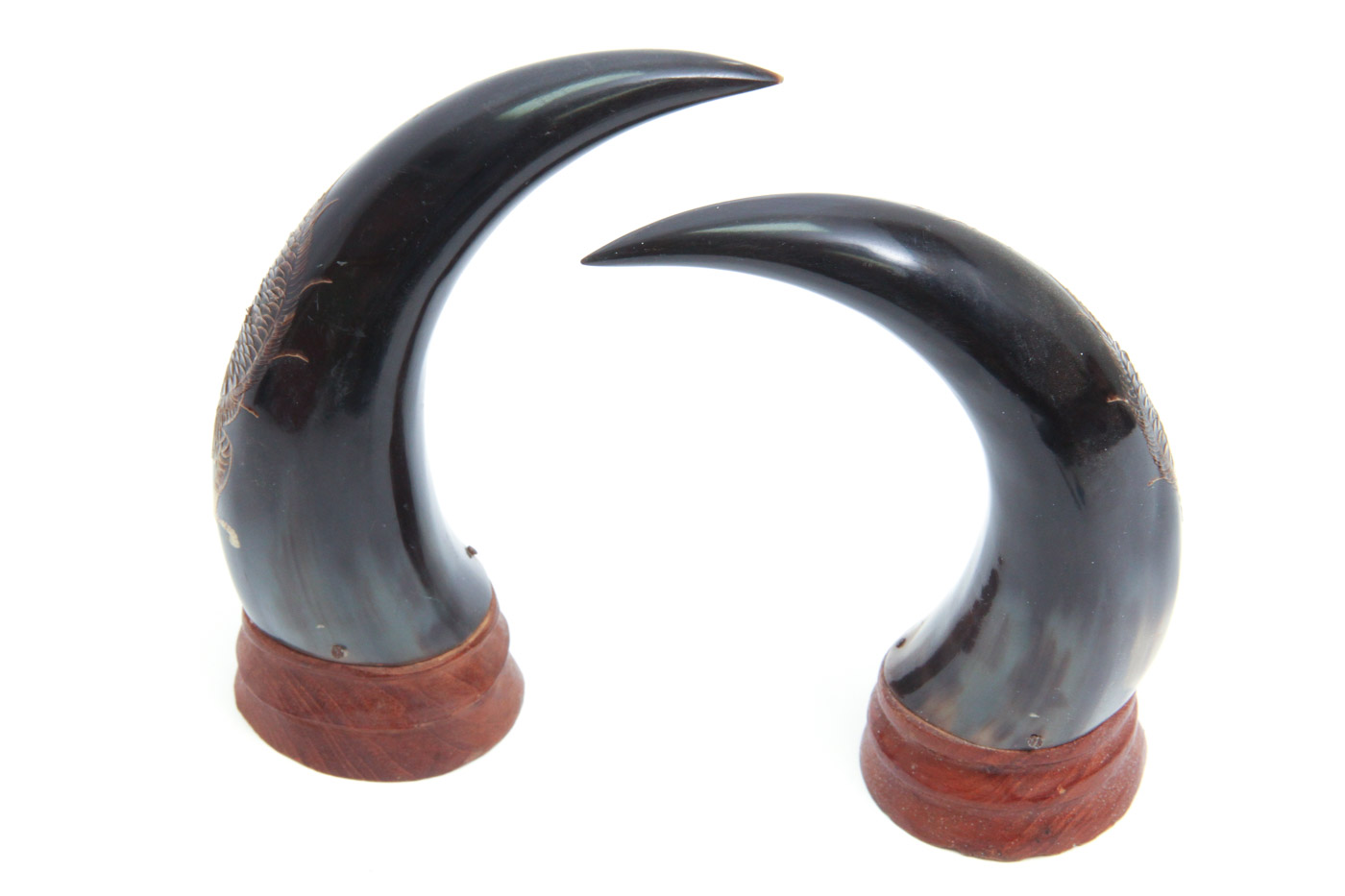 Pair of Chinese Carved Horns with Hand Painted Dragon Motif