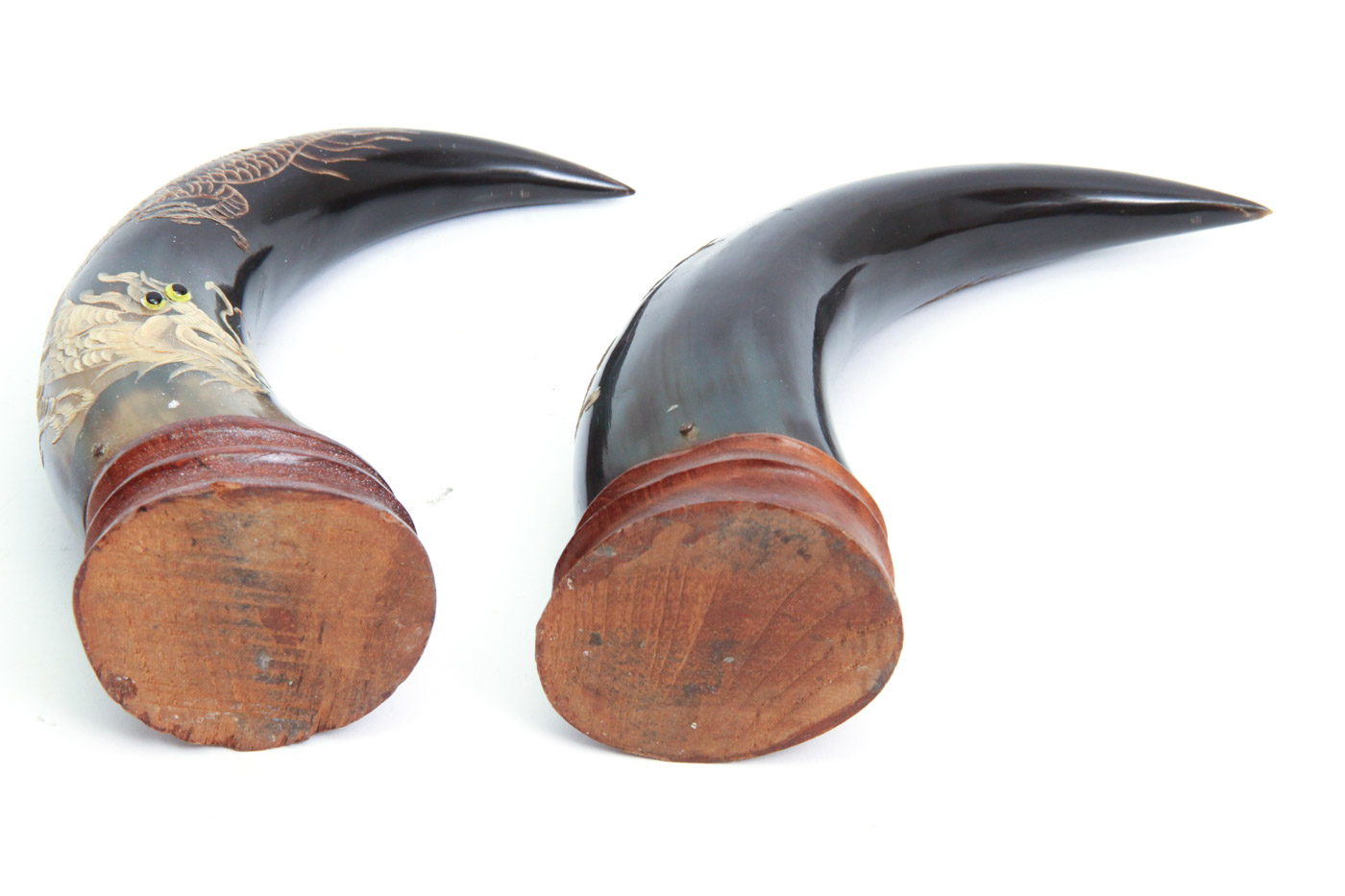 Pair of Chinese Carved Horns with Hand Painted Dragon Motif