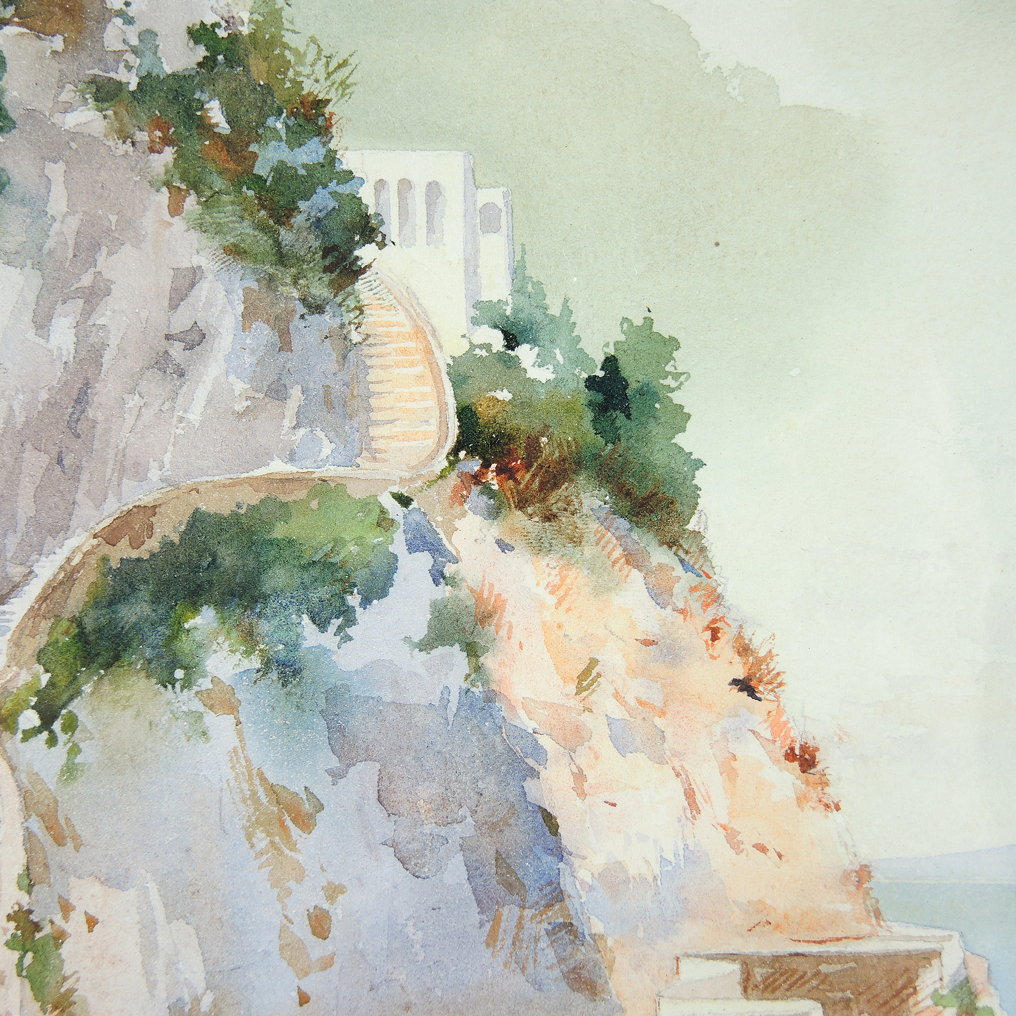 Original Watercolor Painting of Mediterranean Coastal Landscape