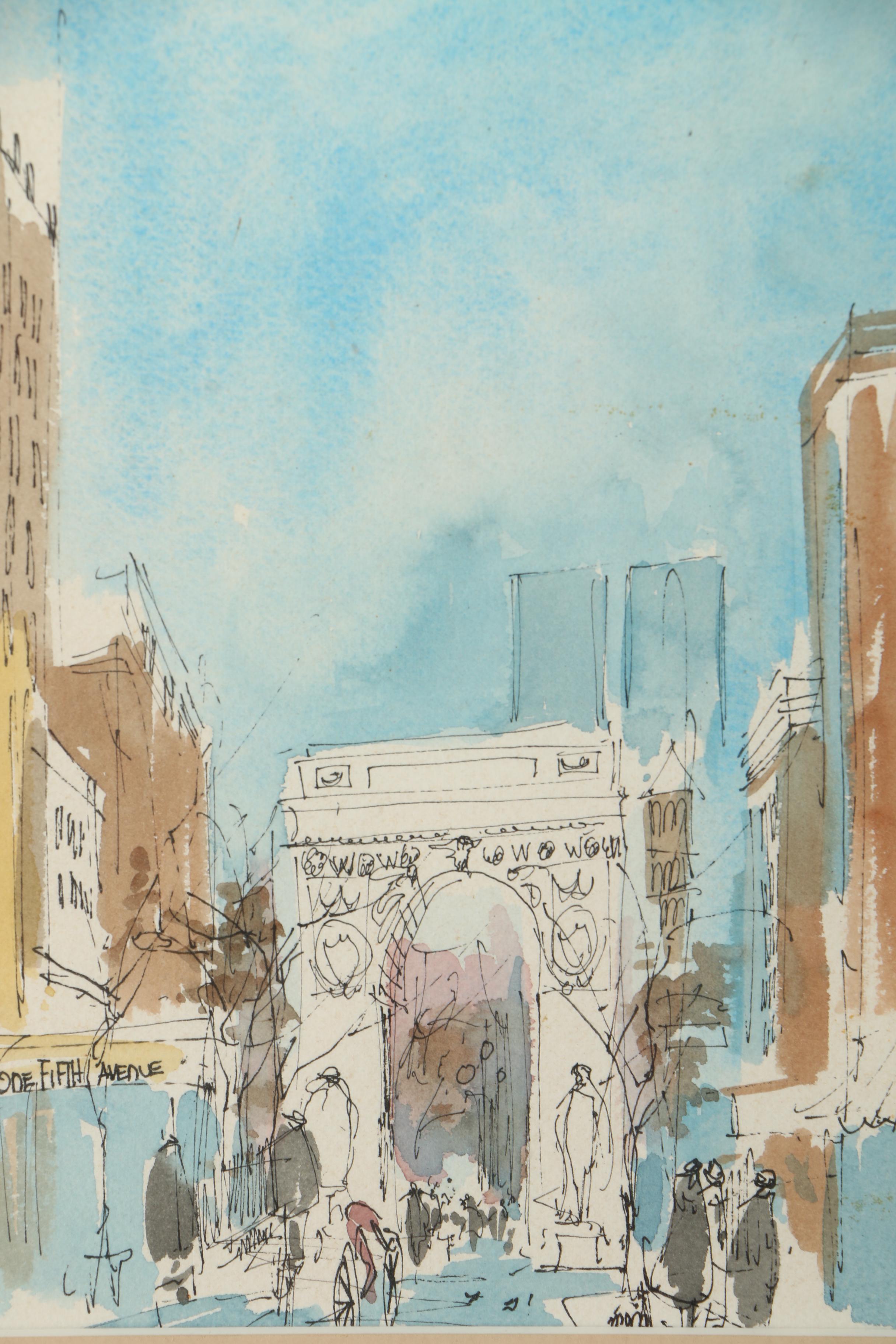 Ink and Watercolor Painting on Paper of Washington Square Arch