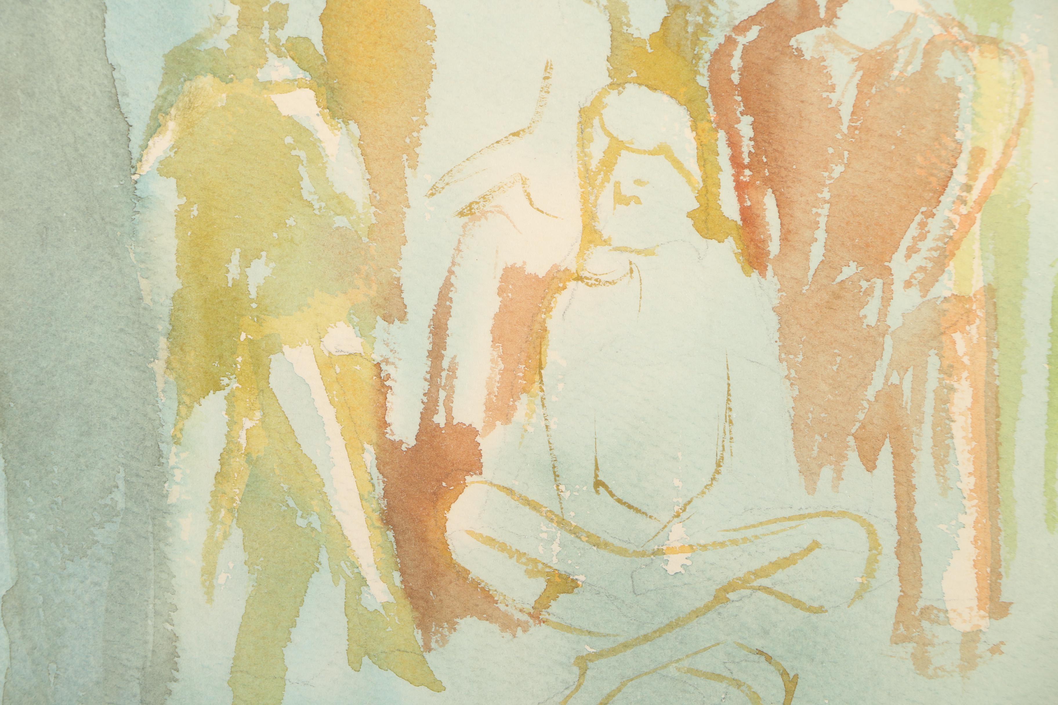 March Vintage Watercolor Painting on Paper of Figures in a Crowd