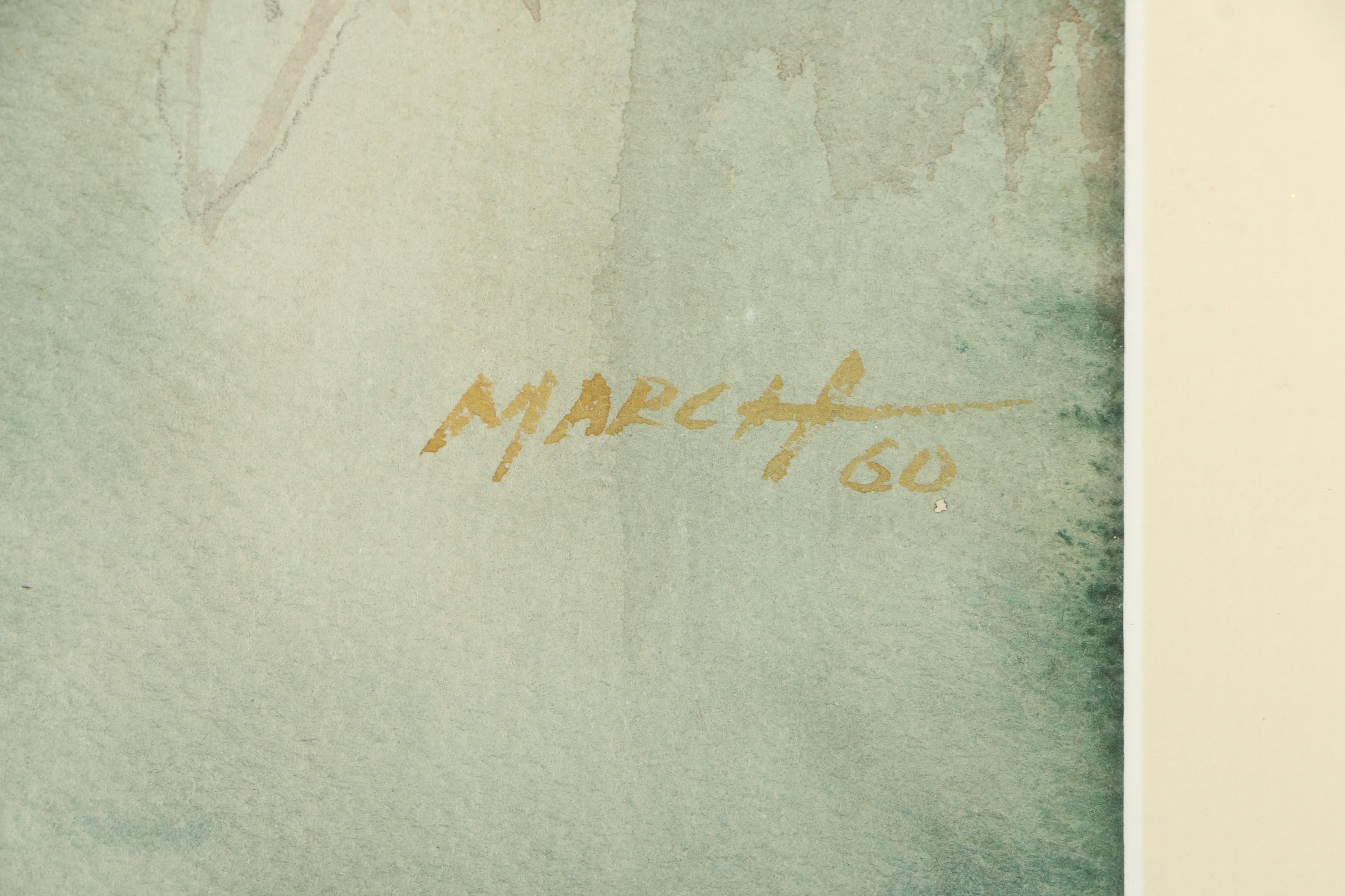 March Vintage Watercolor Painting on Paper of Figures in a Crowd