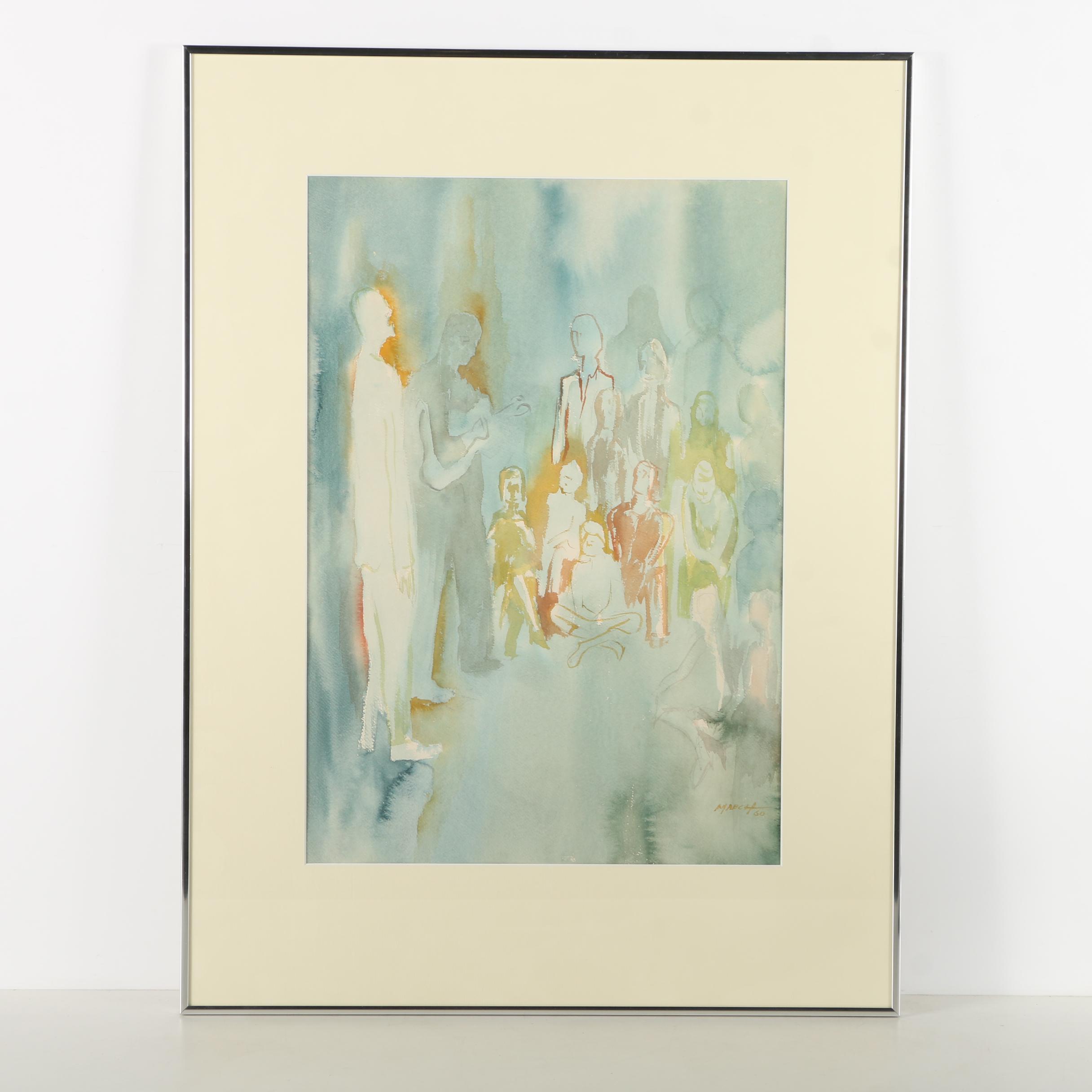 March Vintage Watercolor Painting on Paper of Figures in a Crowd