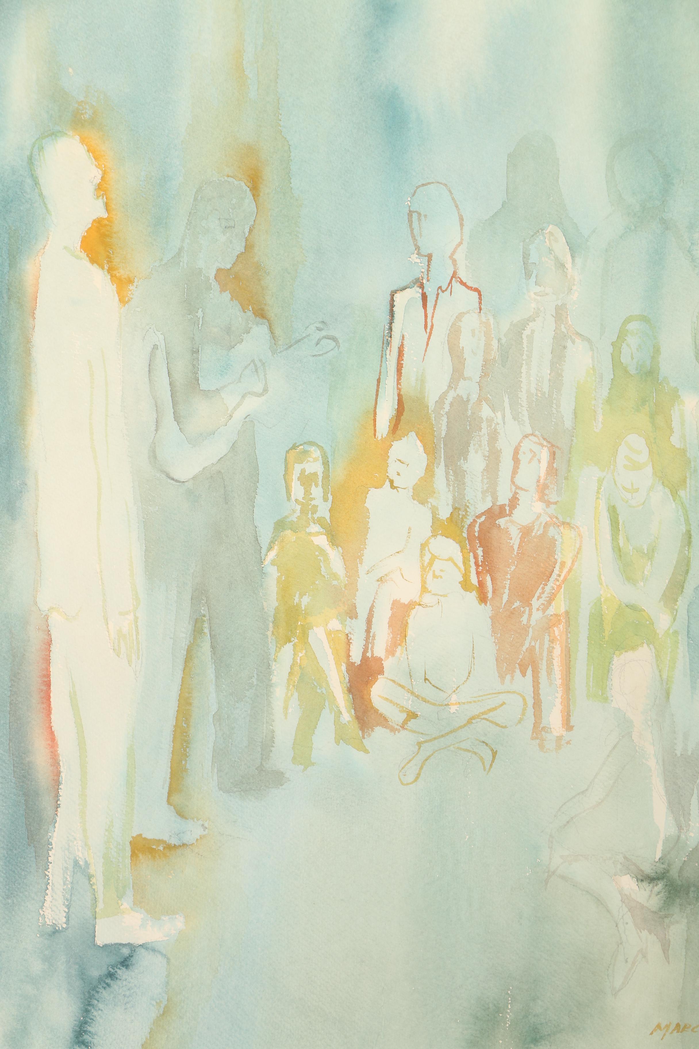 March Vintage Watercolor Painting on Paper of Figures in a Crowd