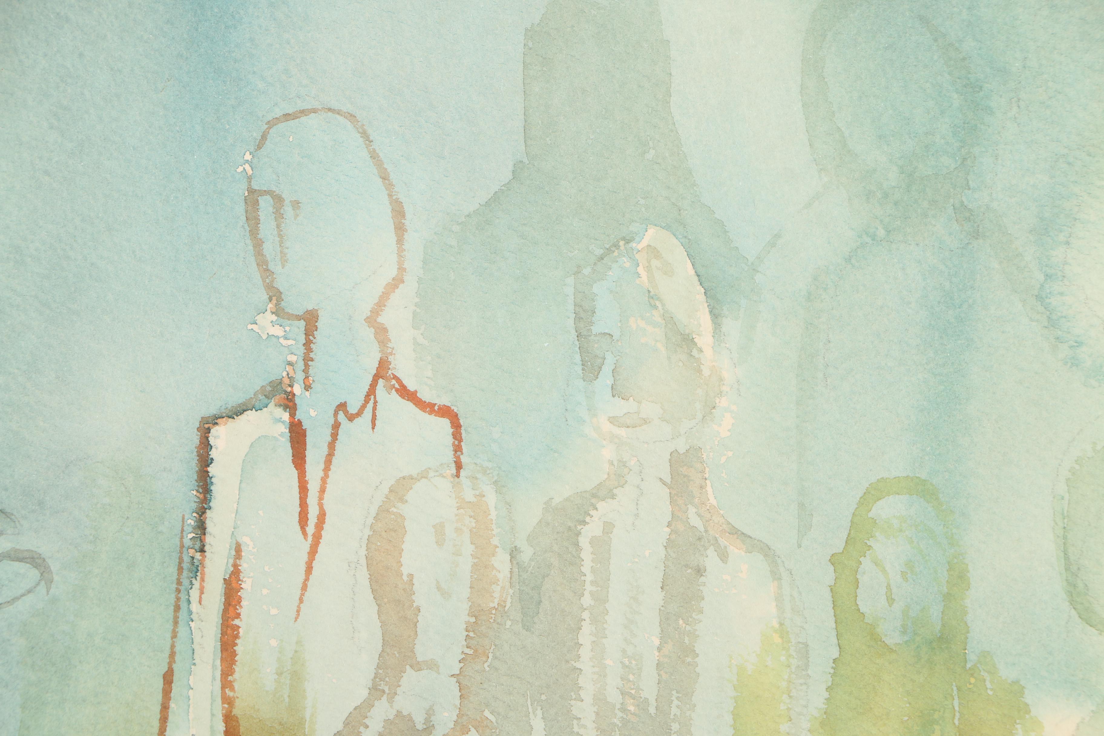 March Vintage Watercolor Painting on Paper of Figures in a Crowd