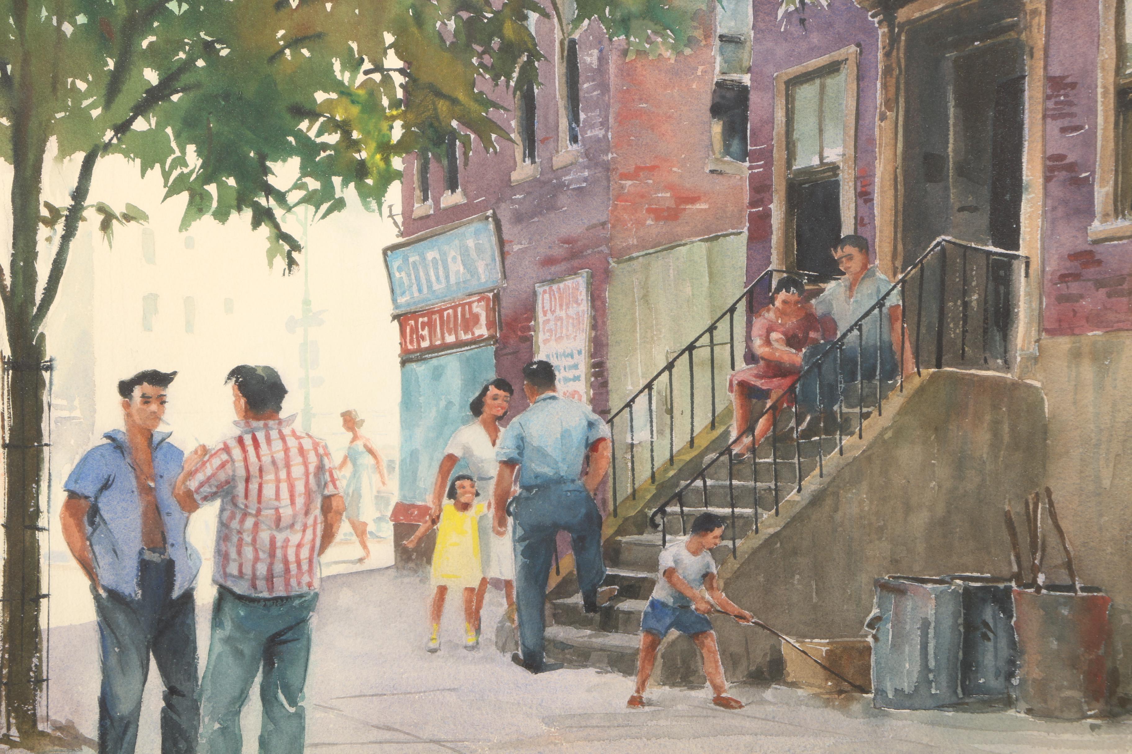 Eliot Batchelder Watercolor Painting on Paper of a Figurative Street Scene
