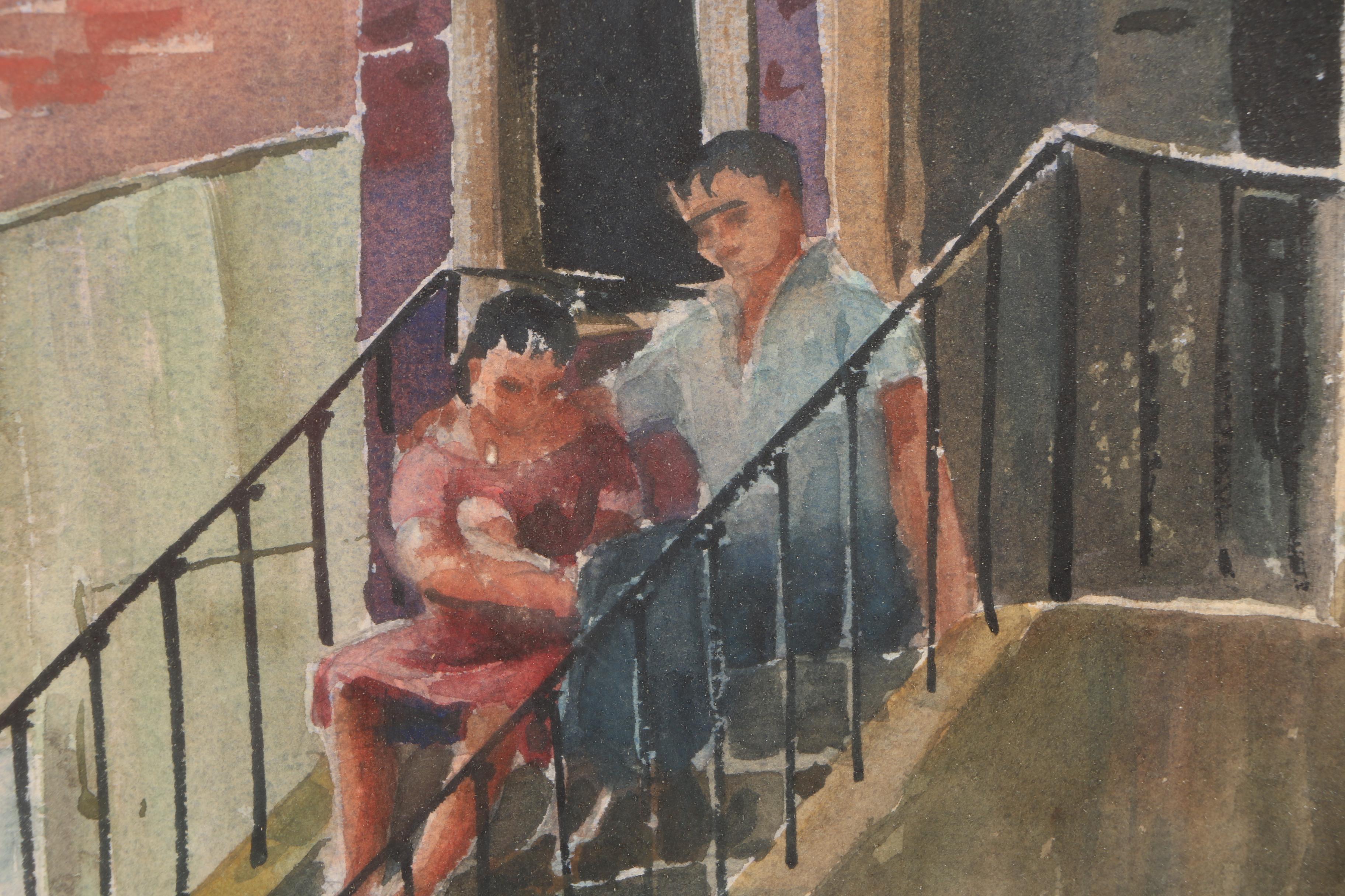 Eliot Batchelder Watercolor Painting on Paper of a Figurative Street Scene