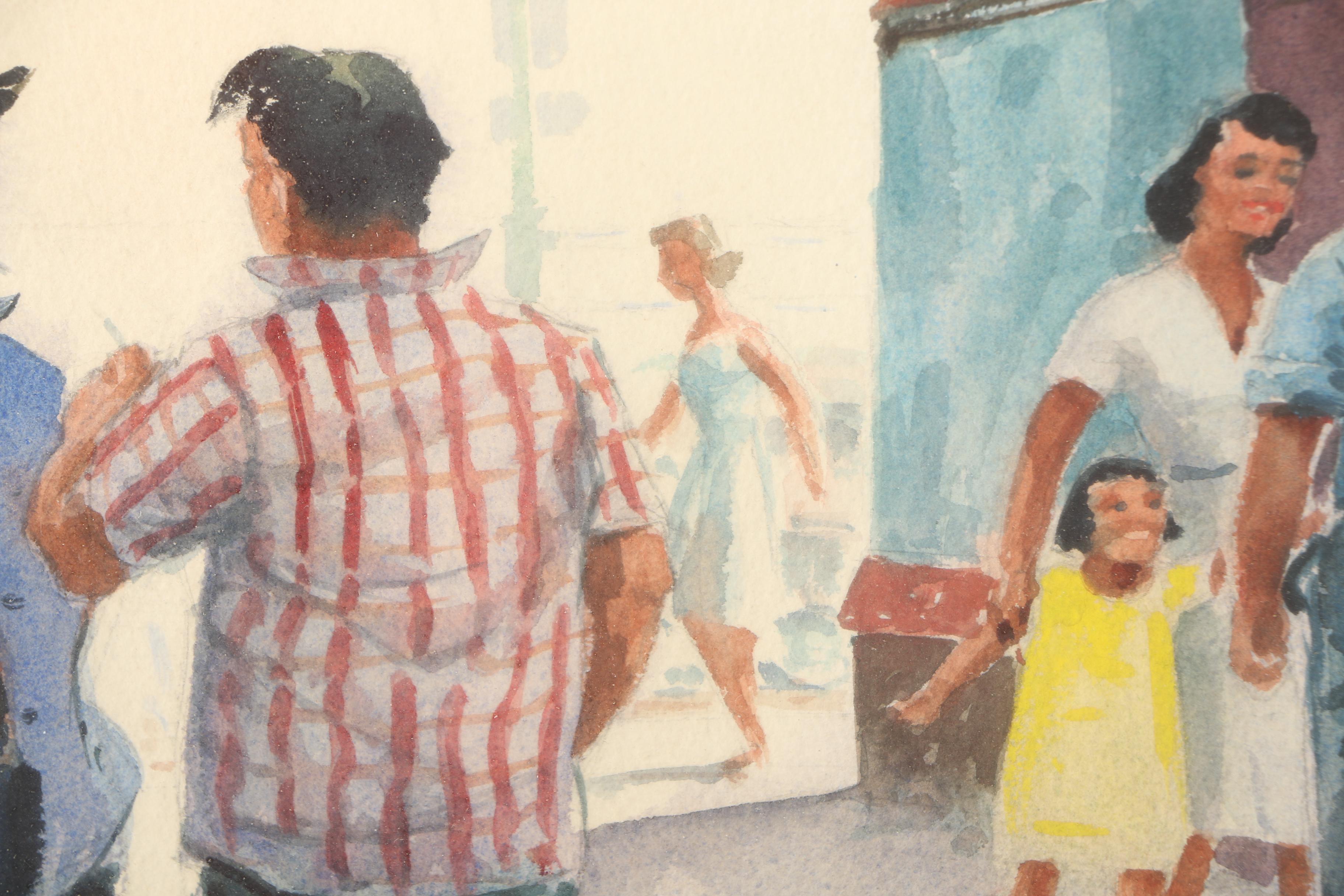 Eliot Batchelder Watercolor Painting on Paper of a Figurative Street Scene
