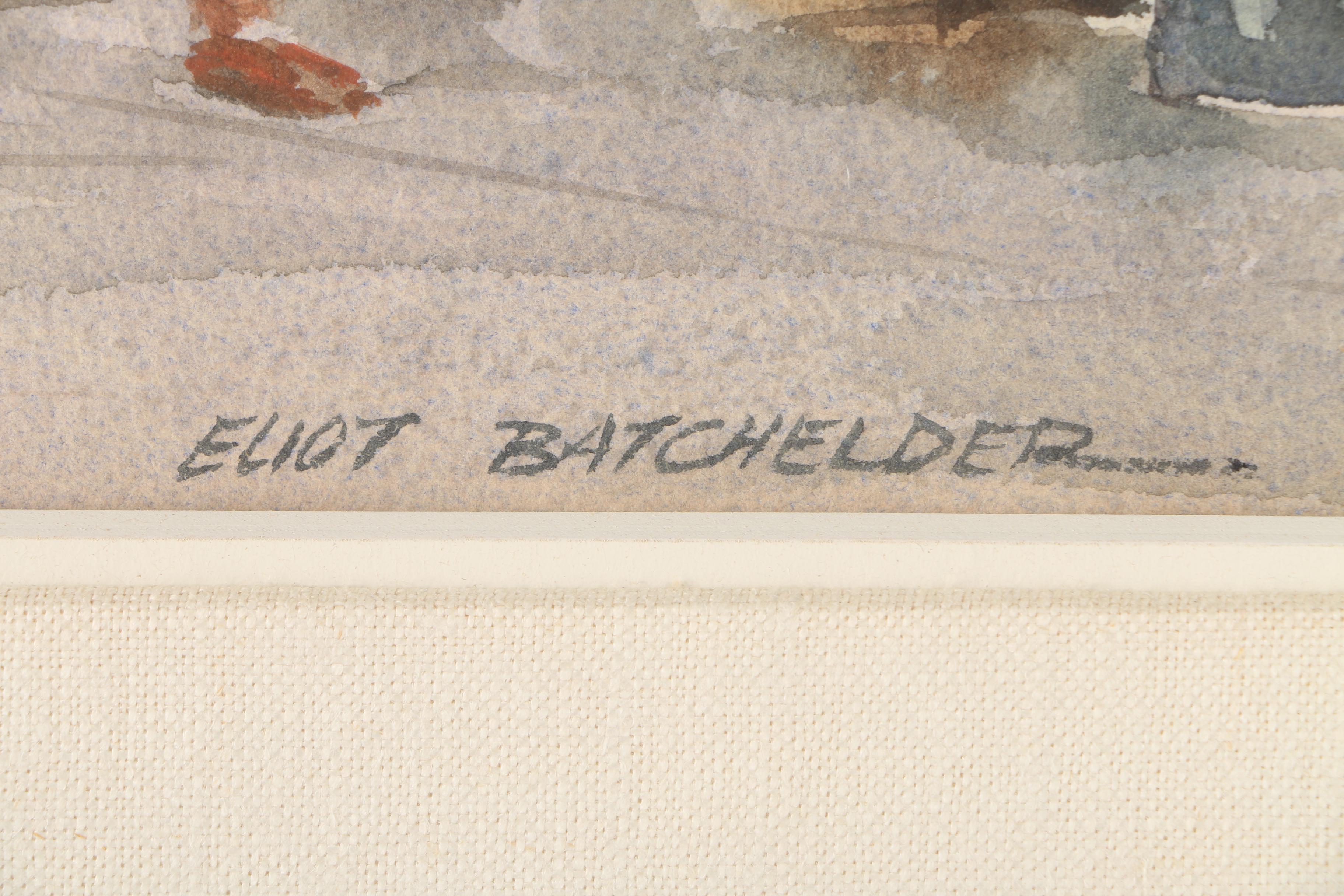 Eliot Batchelder Watercolor Painting on Paper of a Figurative Street Scene