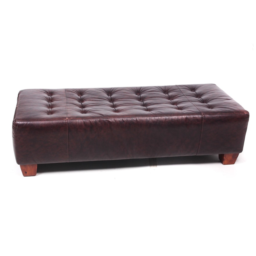 Contemporary Button Tufted Leather Ottoman