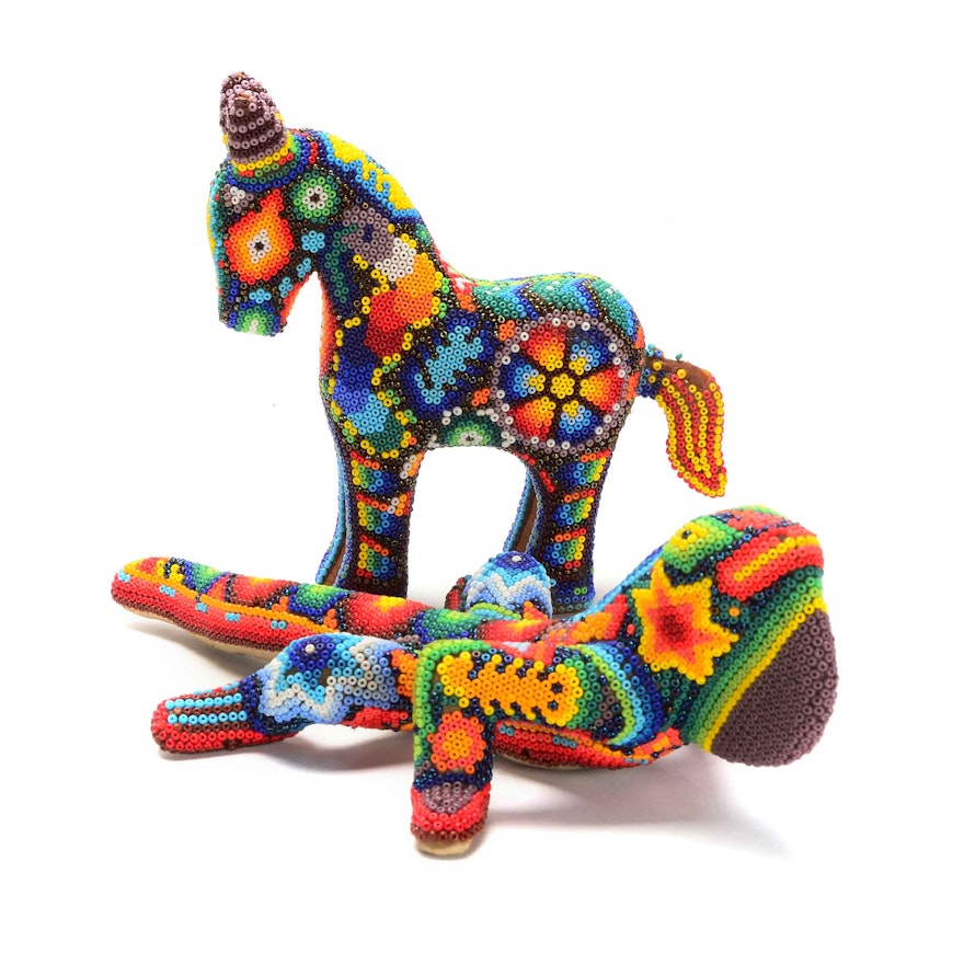 Pair of Beaded Folk Art Animals Handcrafted by the Huichol Indians