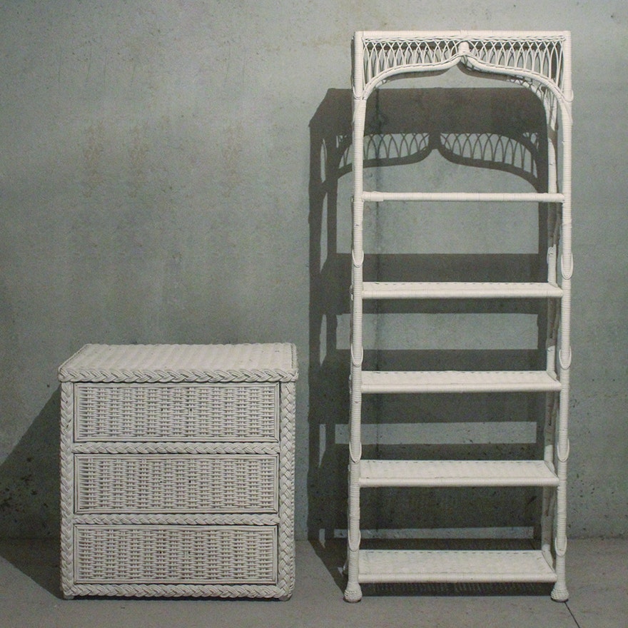 White Wicker Bookcase and Three-Drawer Chest