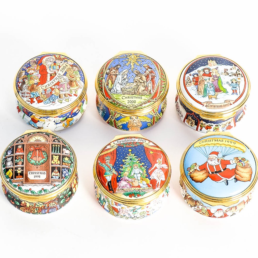 Collection of Halcyon Days Christmas Enamel Boxes