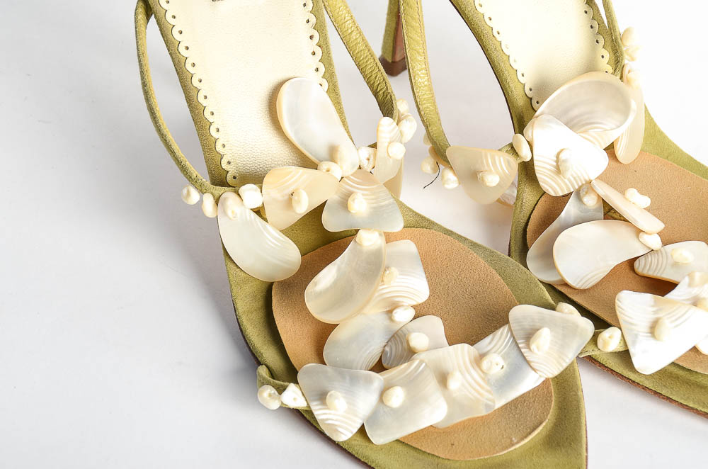 Green Suede Prada Heels with Shell Detail