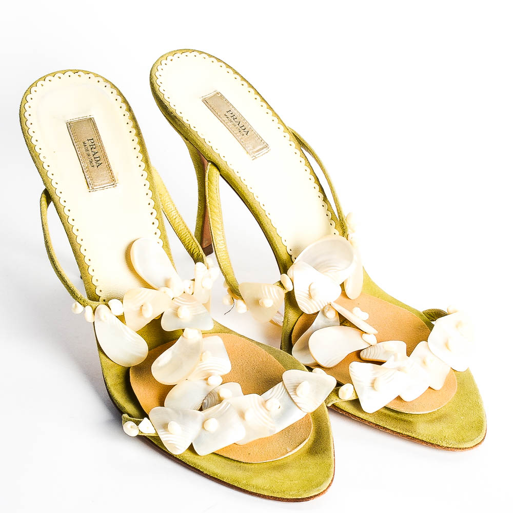 Green Suede Prada Heels with Shell Detail
