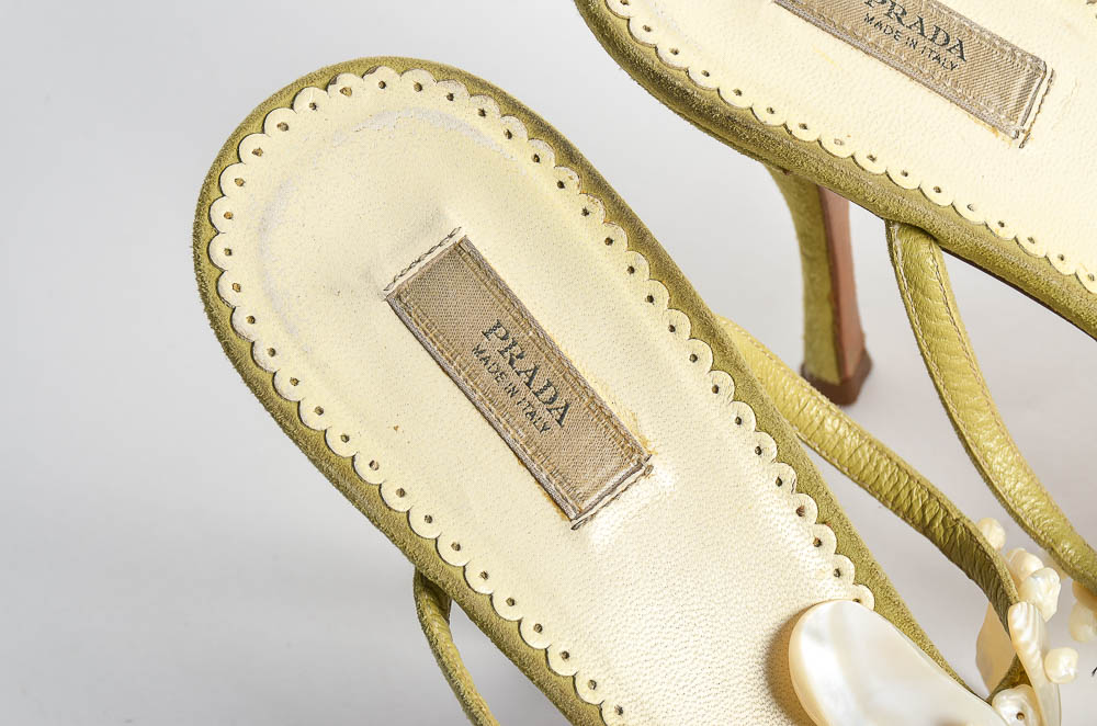 Green Suede Prada Heels with Shell Detail