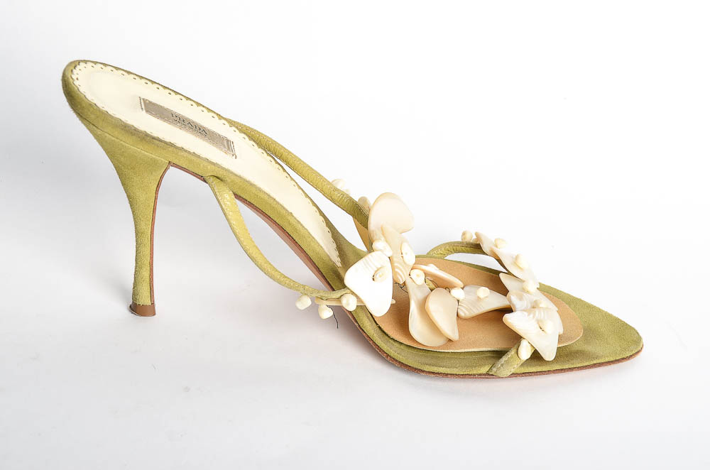 Green Suede Prada Heels with Shell Detail