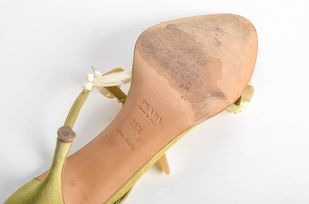 Green Suede Prada Heels with Shell Detail