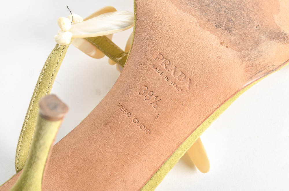 Green Suede Prada Heels with Shell Detail