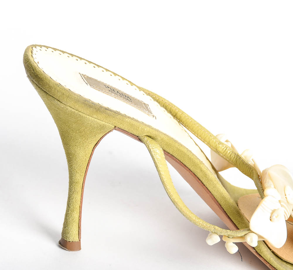 Green Suede Prada Heels with Shell Detail