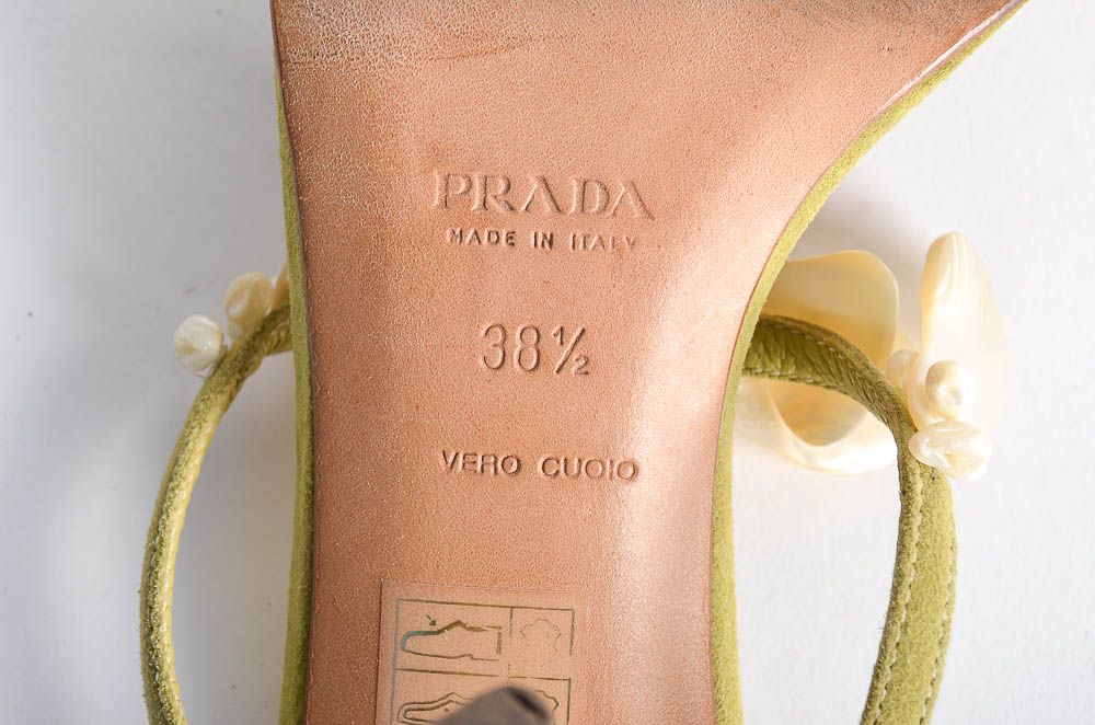 Green Suede Prada Heels with Shell Detail