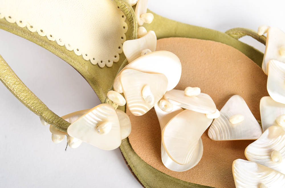 Green Suede Prada Heels with Shell Detail