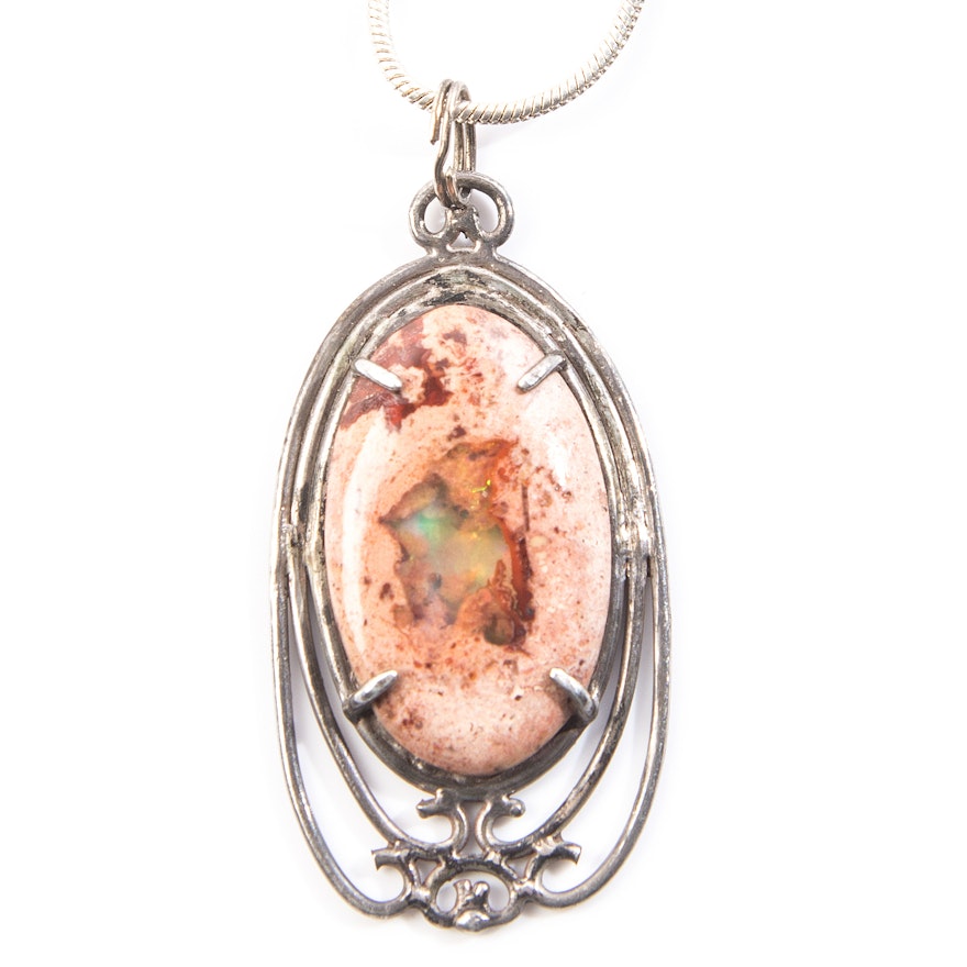 Sterling Silver Fire Agate Pendant Necklace