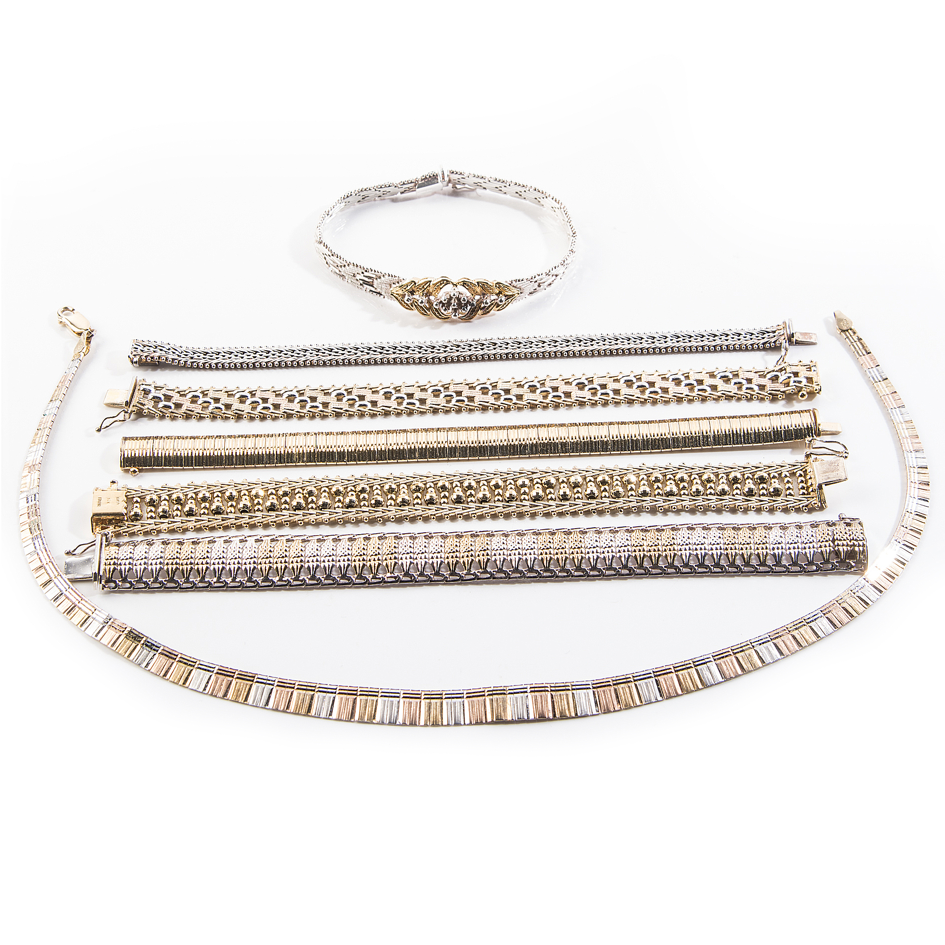 Gold Wash Over Sterling Bracelets and Tri-Color Necklace