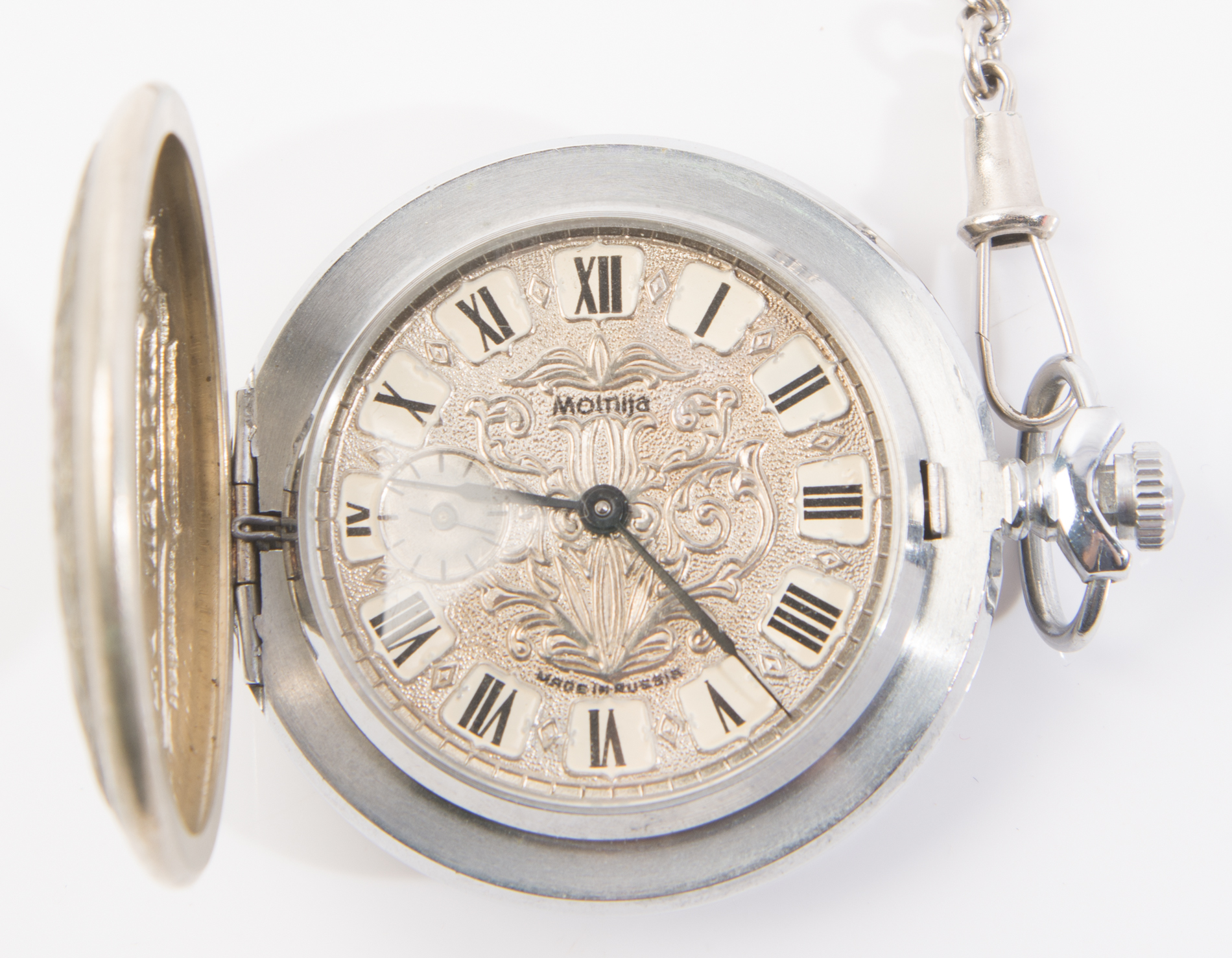 Russian Molnija "Discovery Day" Silver Tone Pocket Watch