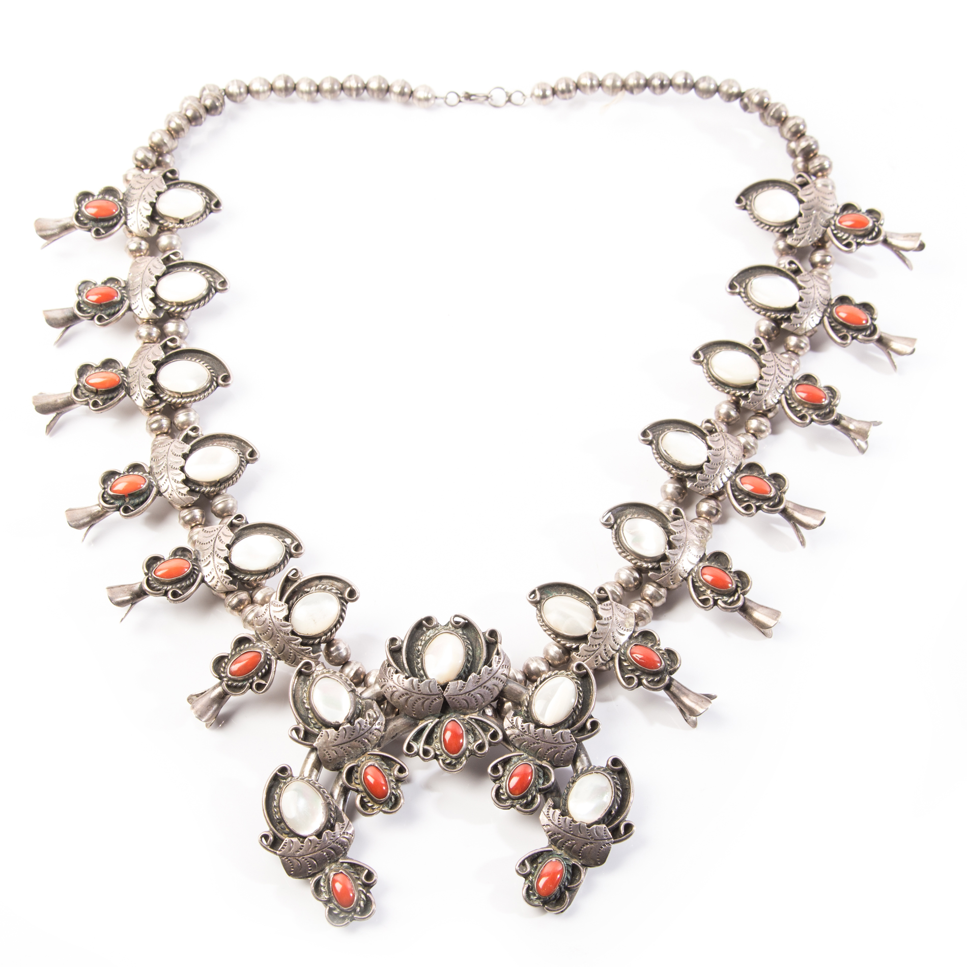 Native American Style Sterling Moonstone and Coral Squash Blossom Necklace