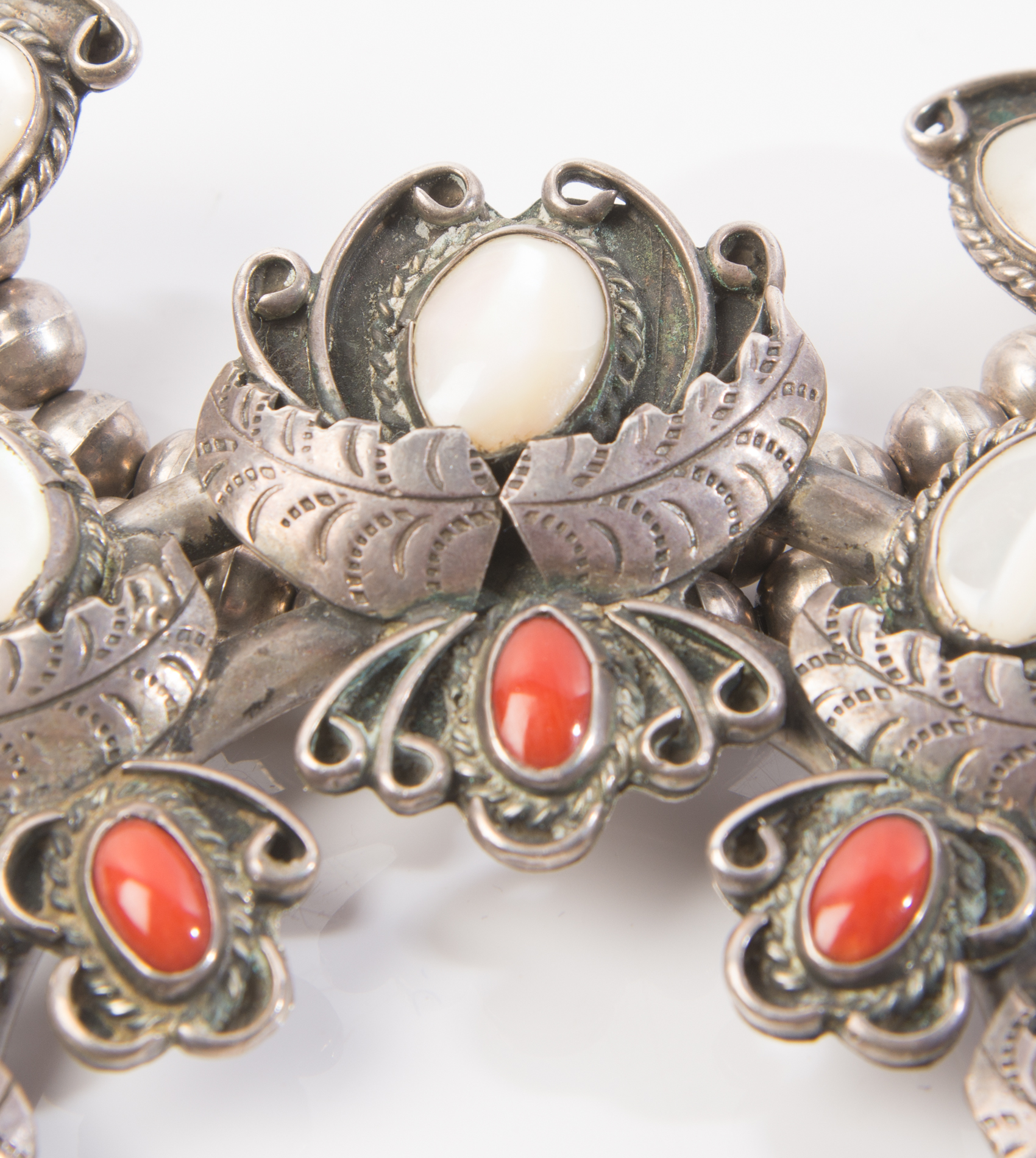 Native American Style Sterling Moonstone and Coral Squash Blossom Necklace