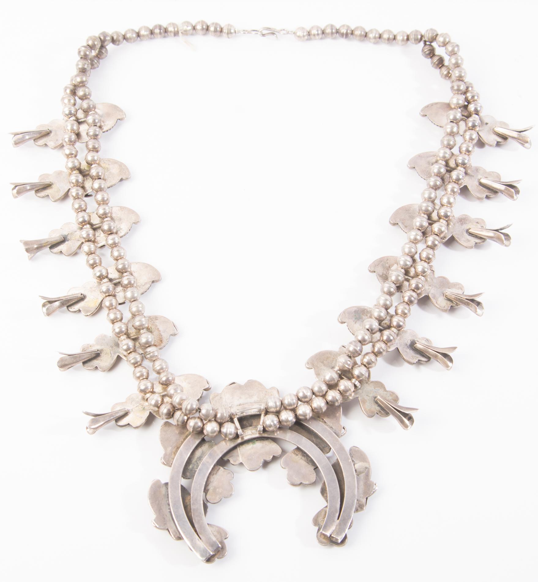 Native American Style Sterling Moonstone and Coral Squash Blossom Necklace