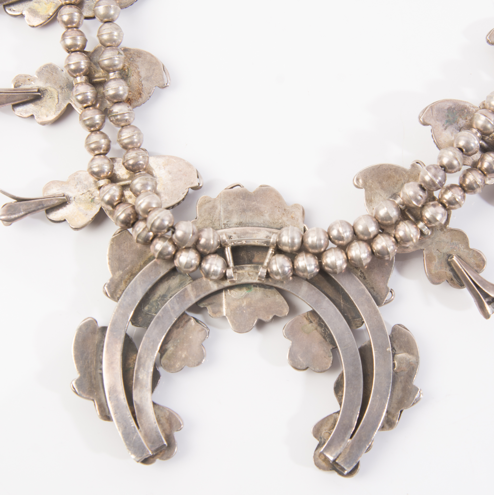 Native American Style Sterling Moonstone and Coral Squash Blossom Necklace