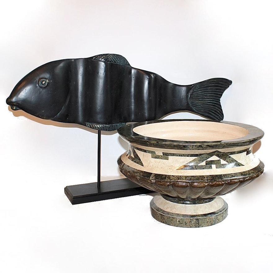 Artisan Cast Fish Figure with Stone Mosaic Bowl