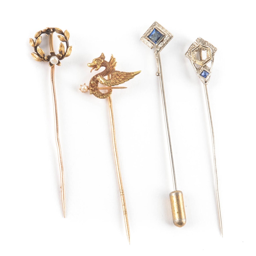 Assorted Victorian and Edwardian Yellow and White Gold Stickpins