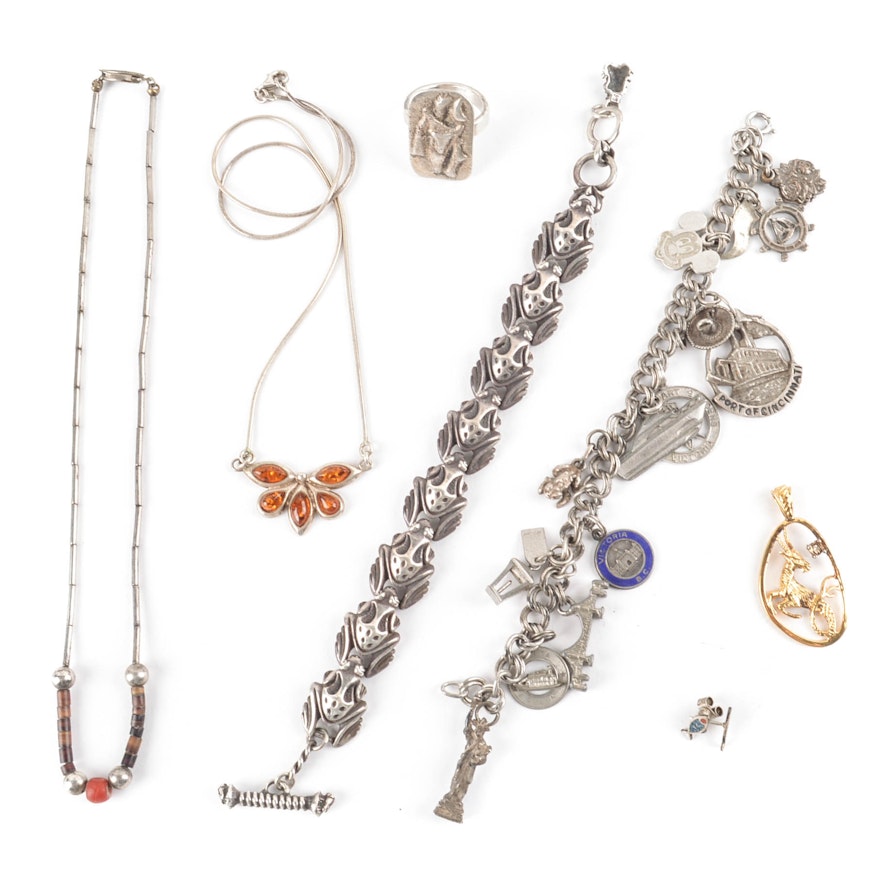 Sterling Silver Jewelry Selection Including a Charm Bracelet