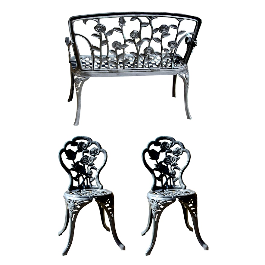 Black Painted Metal Rose Trellis Themed Patio Bench and Chairs