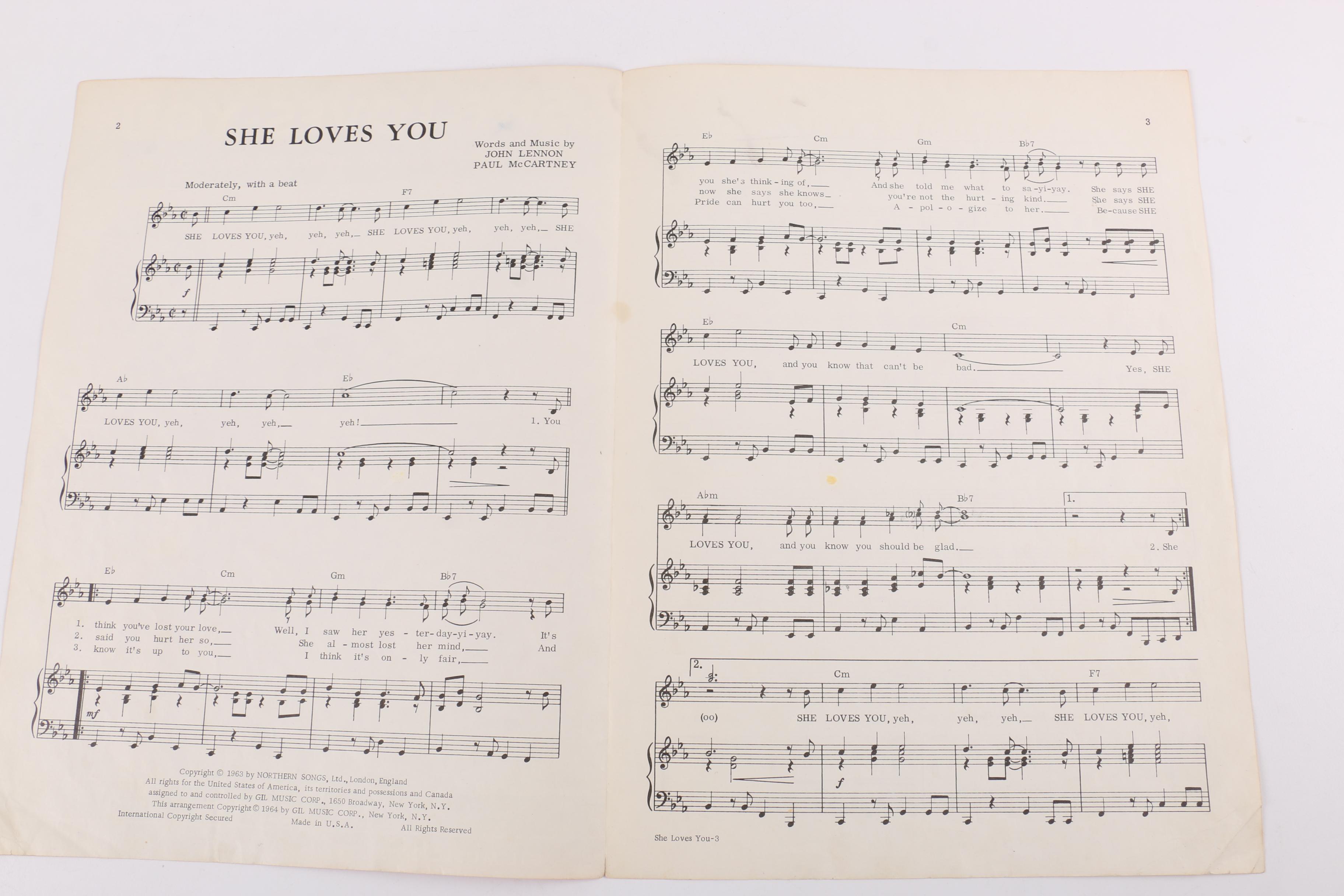 The Beatles 1964 Sheet Music for "She Loves You" and "I Saw Her Standing There"
