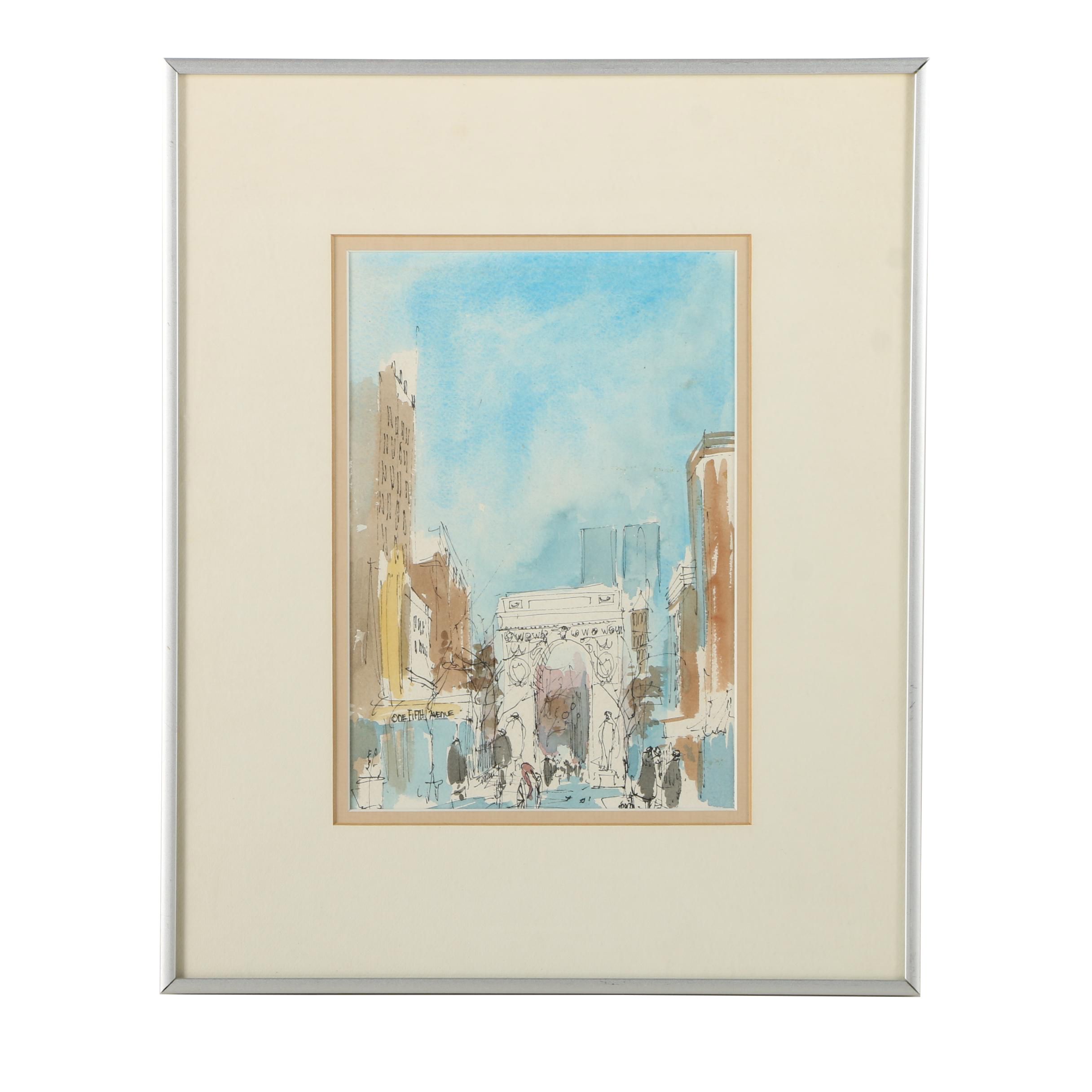 Ink and Watercolor Painting on Paper of Washington Square Arch