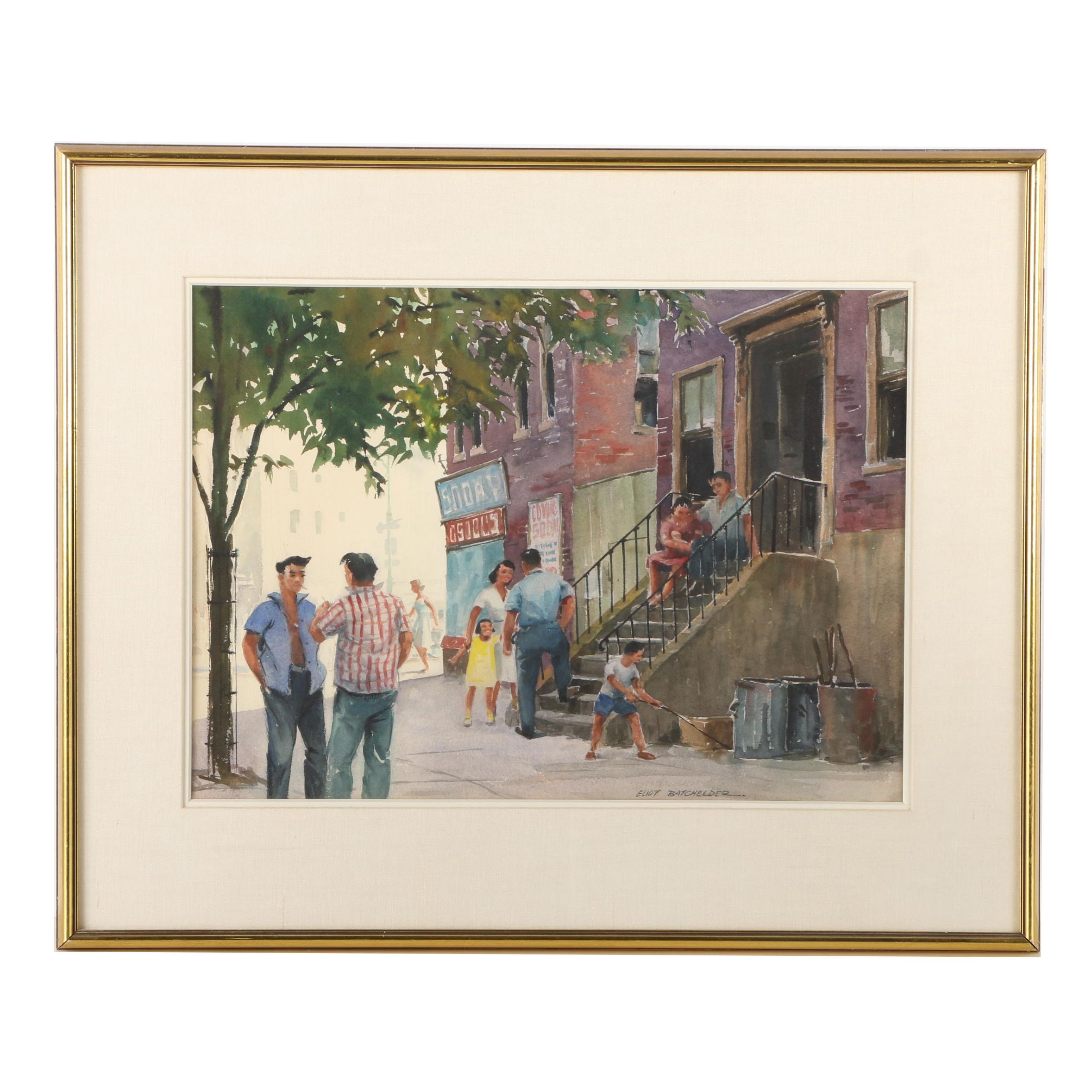 Eliot Batchelder Watercolor Painting on Paper of a Figurative Street Scene
