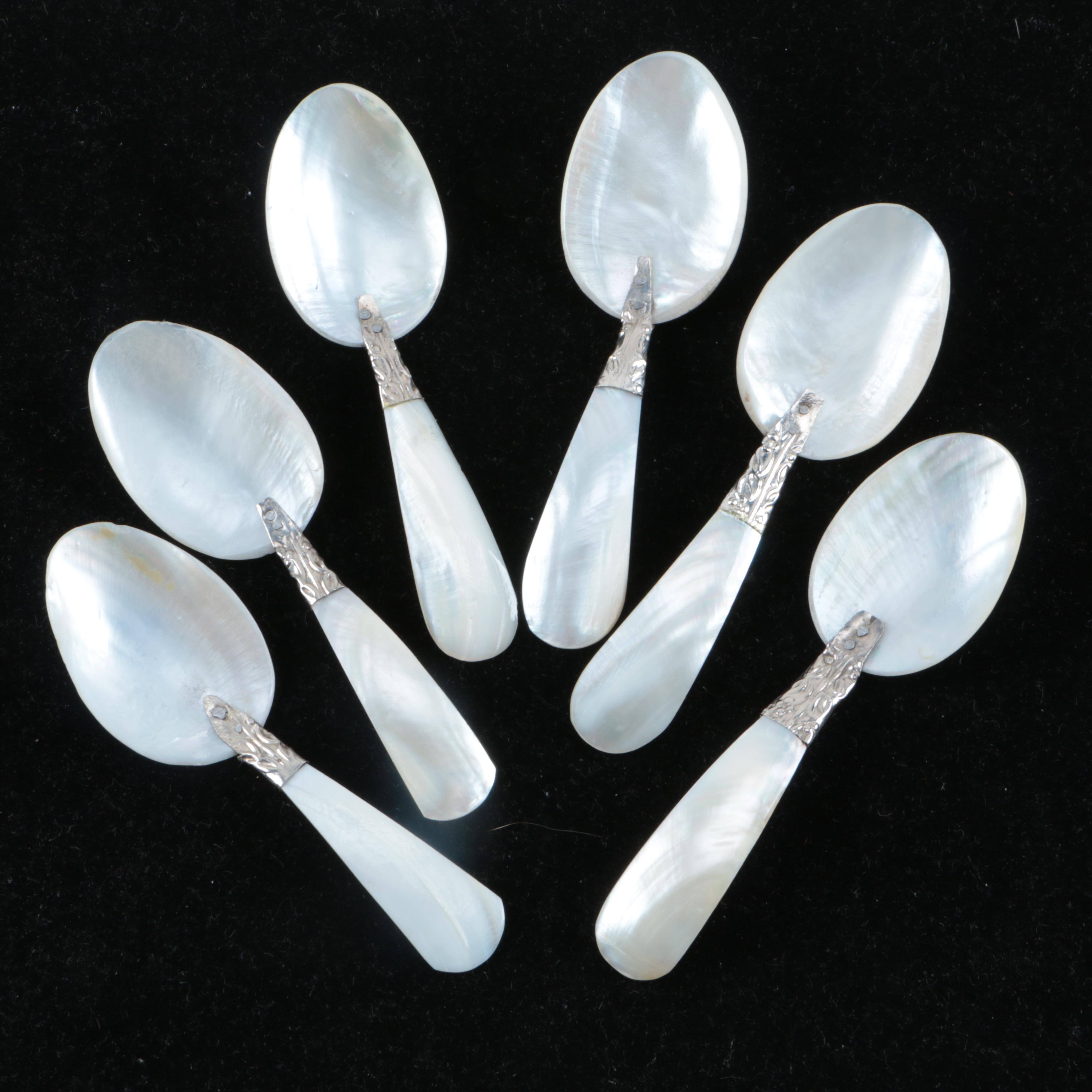 Six Mother of Pearl Caviar Spoons with Silver Plate Bolsters