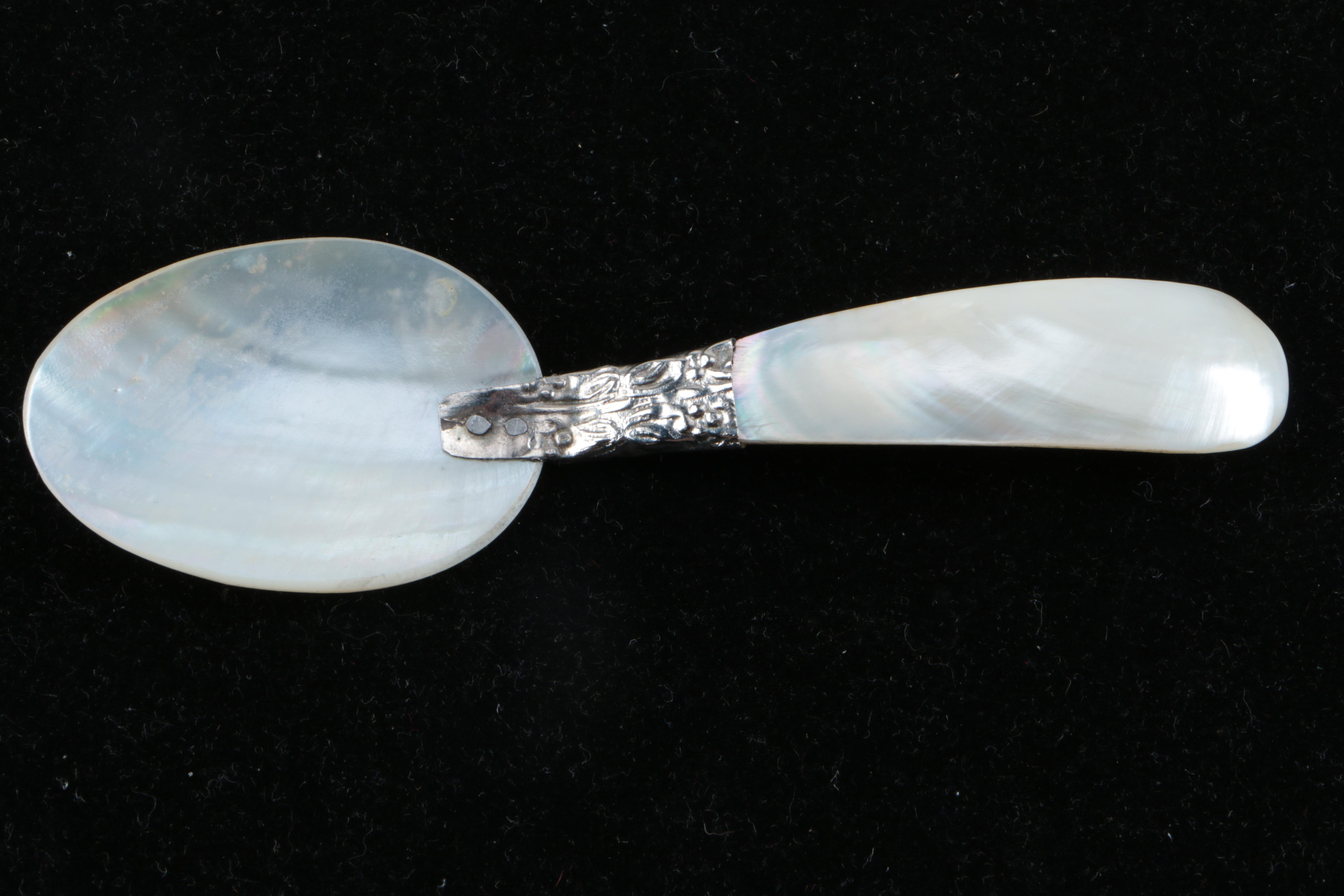 Six Mother of Pearl Caviar Spoons with Silver Plate Bolsters