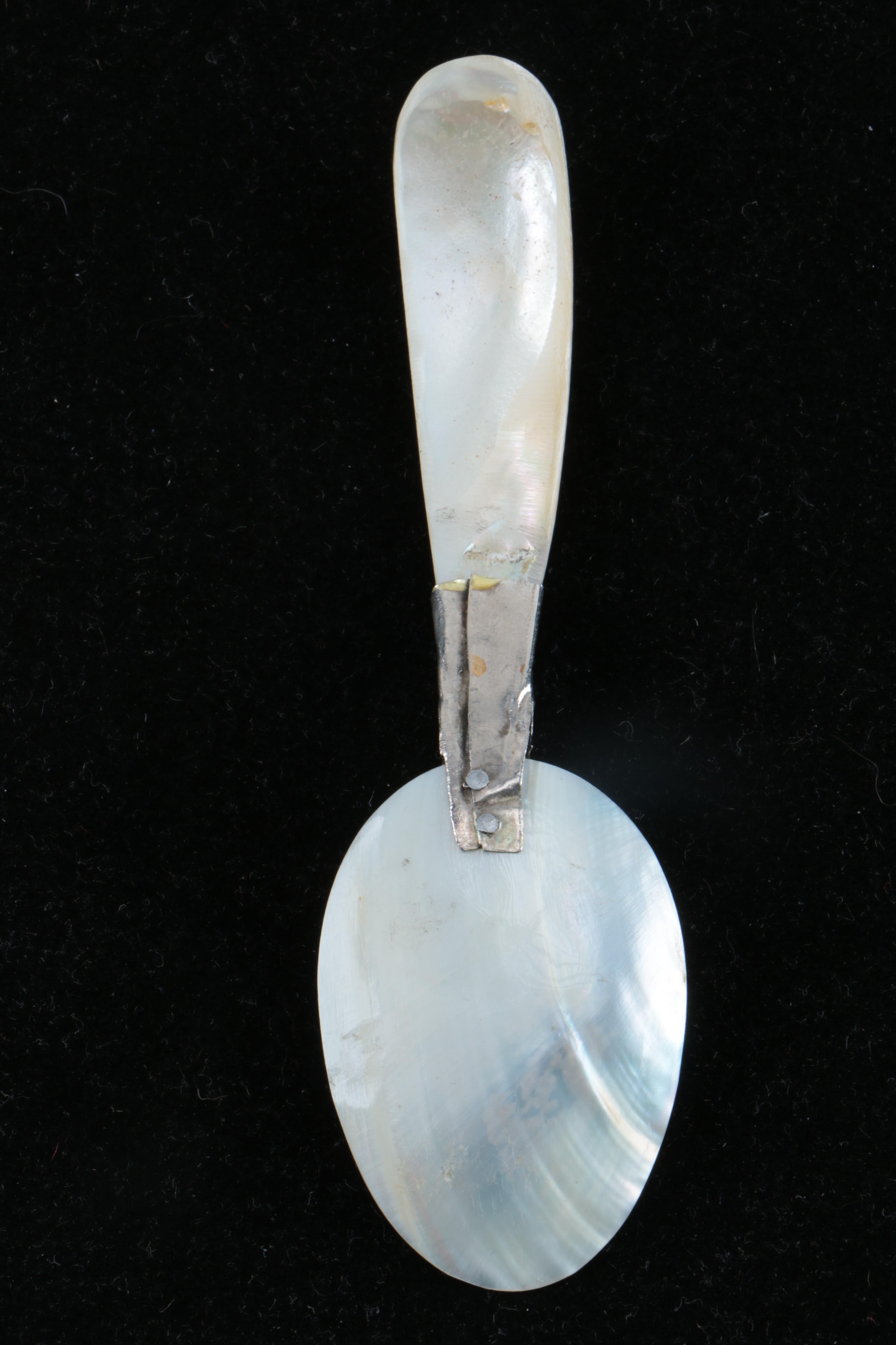 Six Mother of Pearl Caviar Spoons with Silver Plate Bolsters