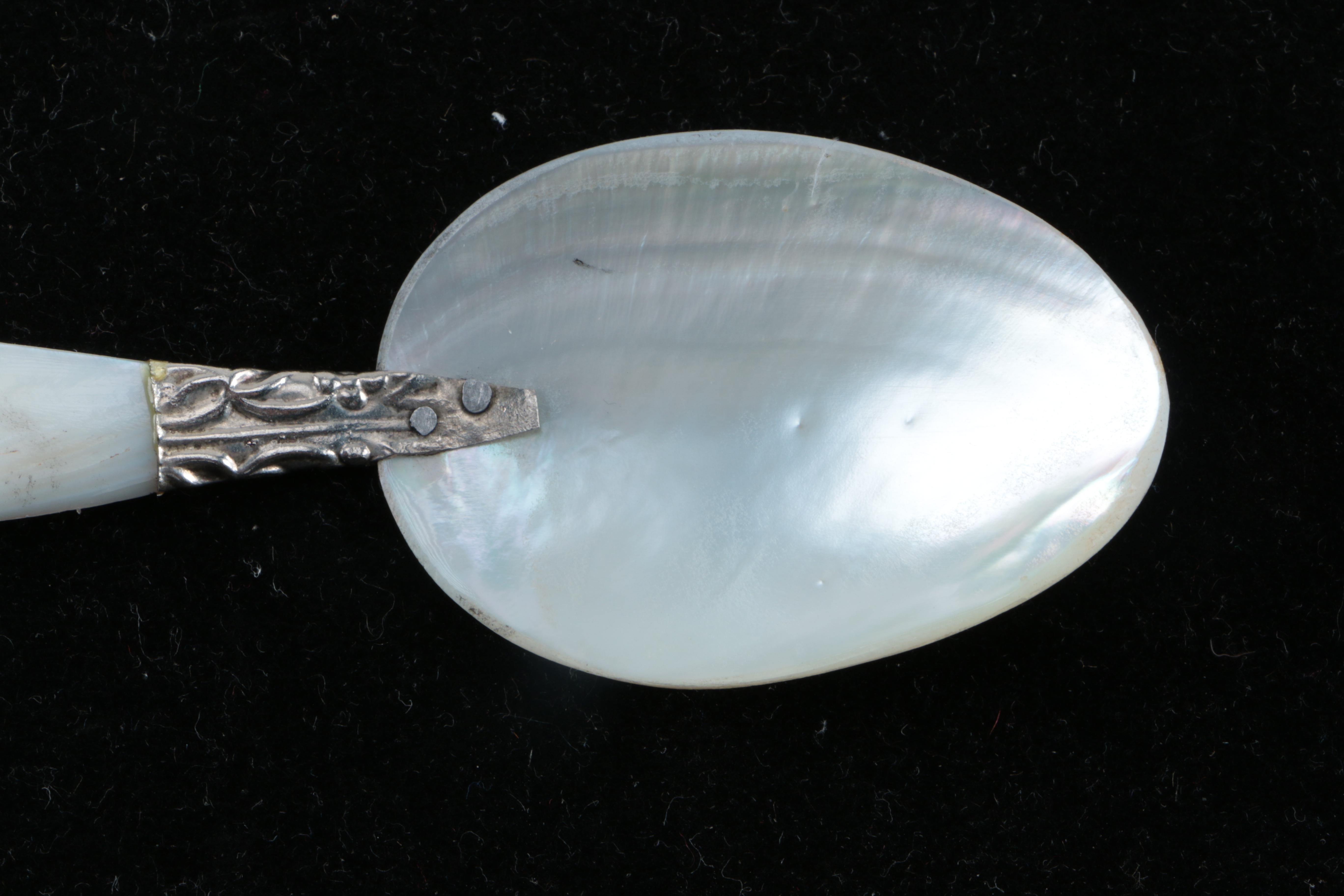 Six Mother of Pearl Caviar Spoons with Silver Plate Bolsters