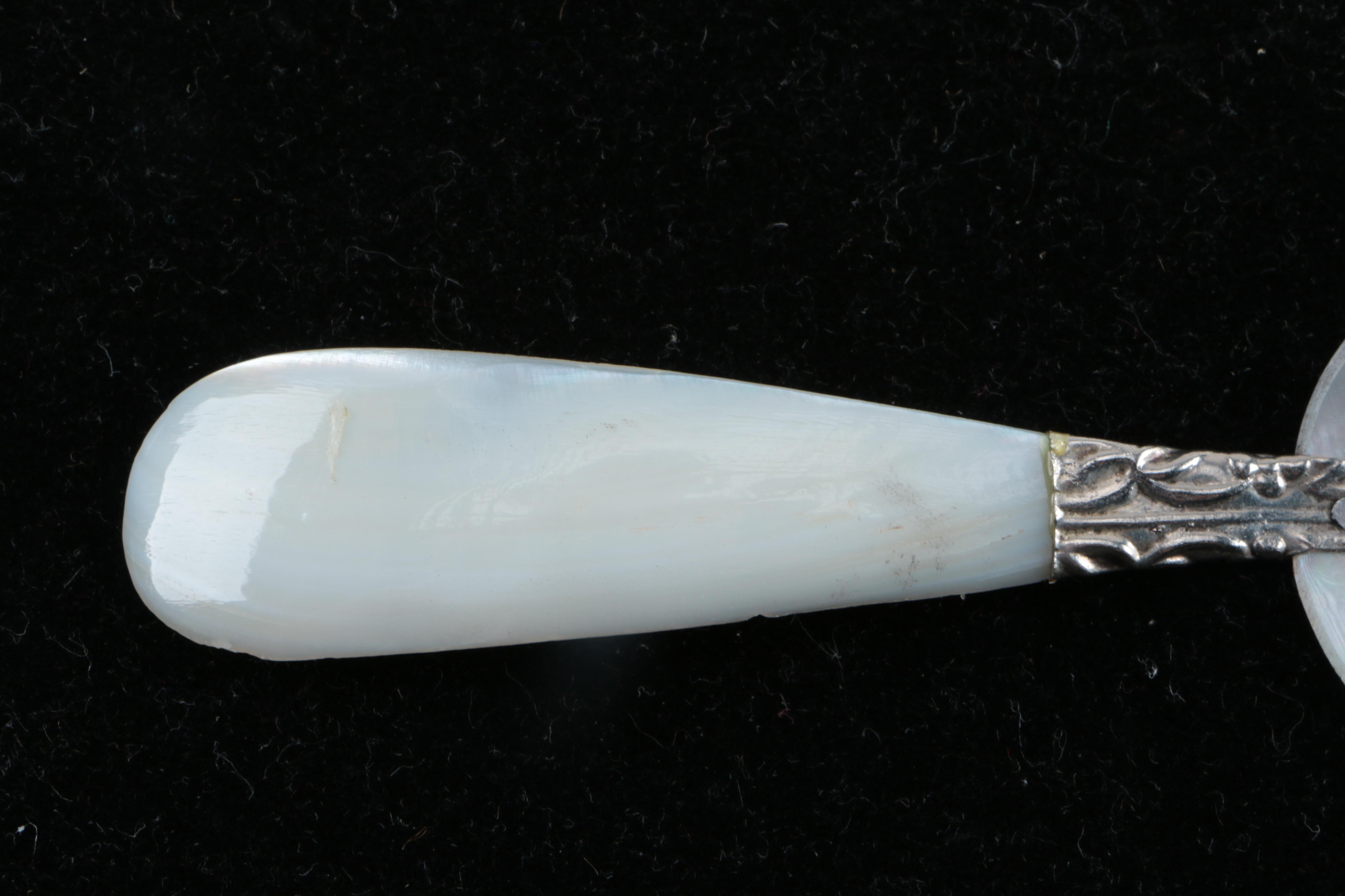 Six Mother of Pearl Caviar Spoons with Silver Plate Bolsters