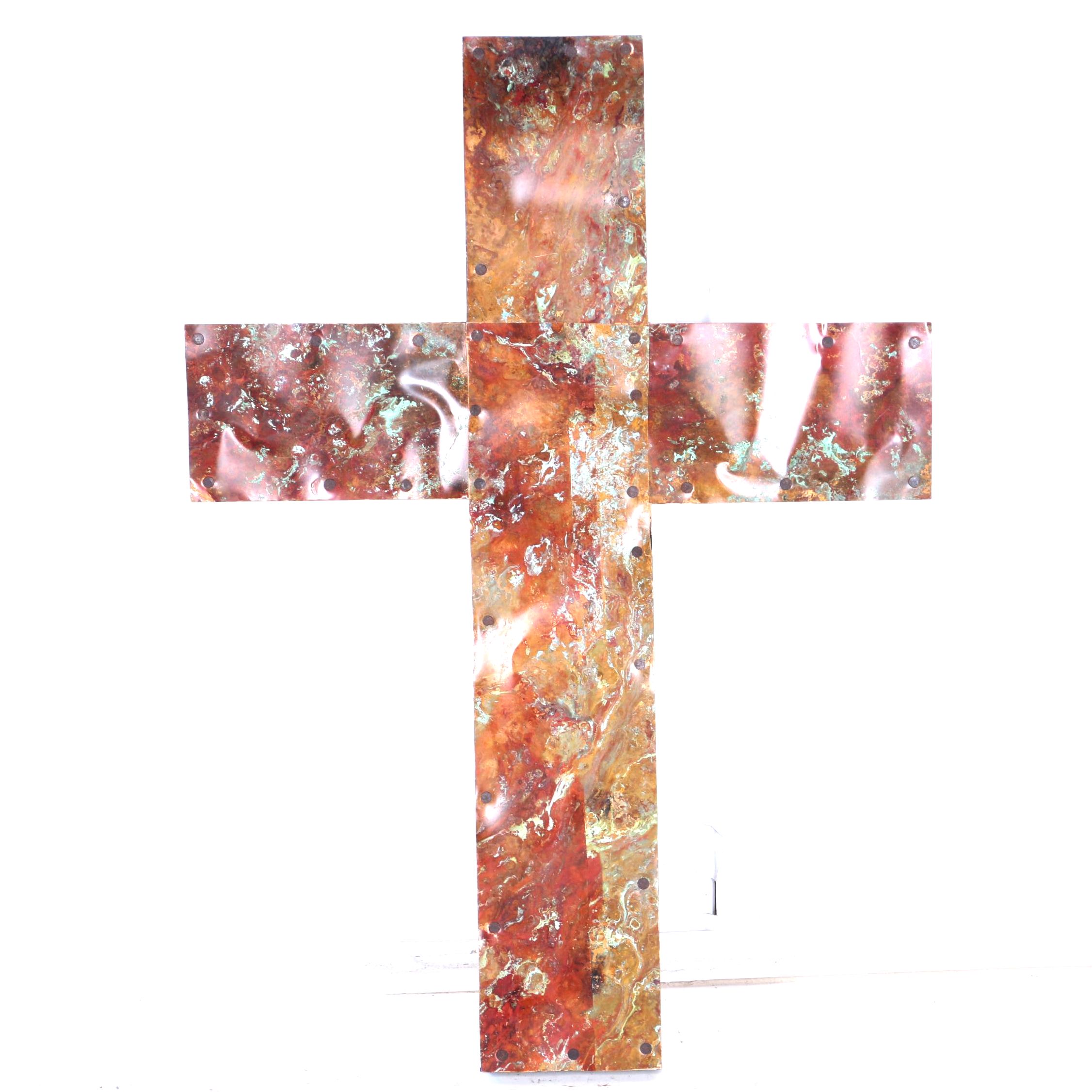Large Handmade Wood and Patinaed Copper Cross