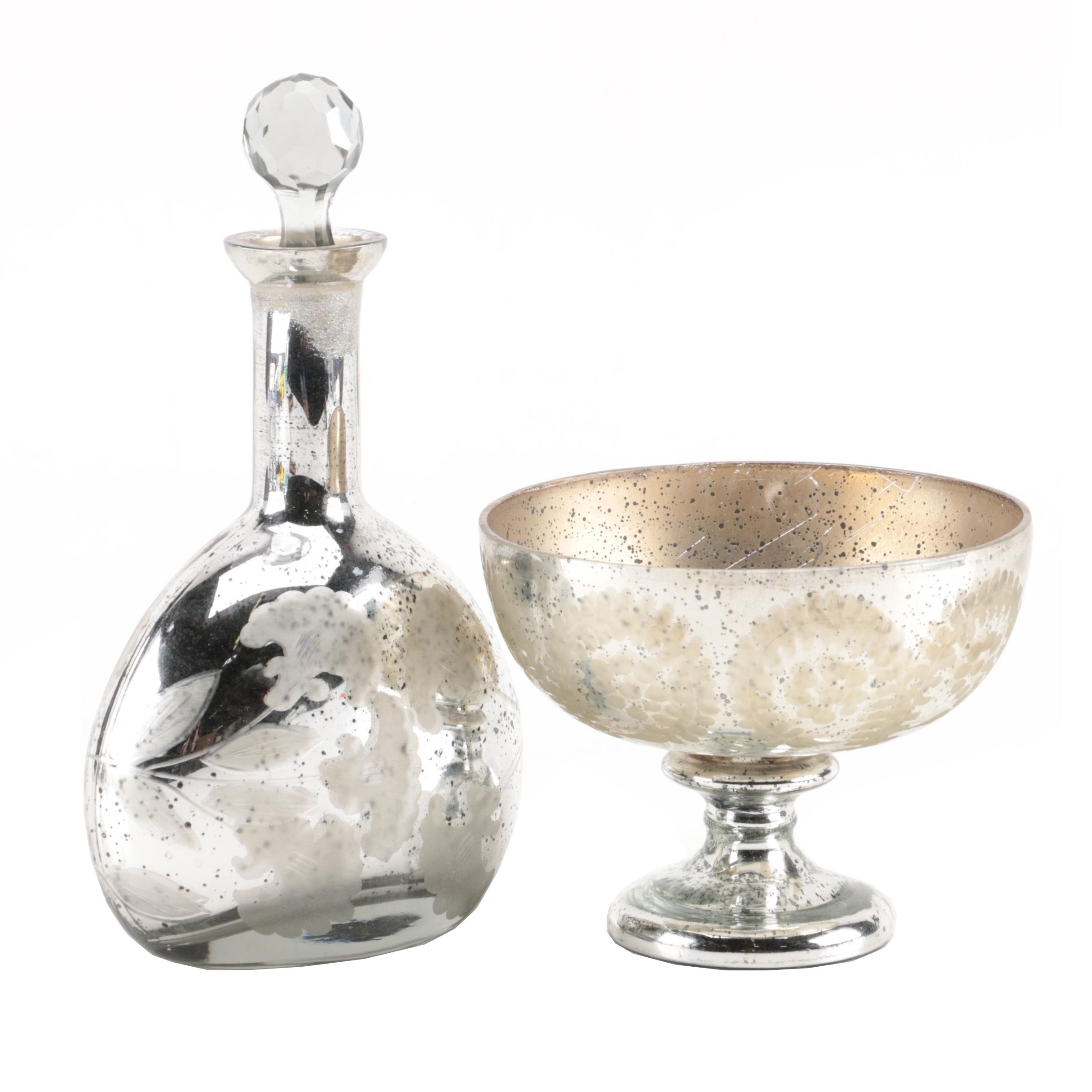 Decorative Mercury Glass Decanter and Footed Bowl