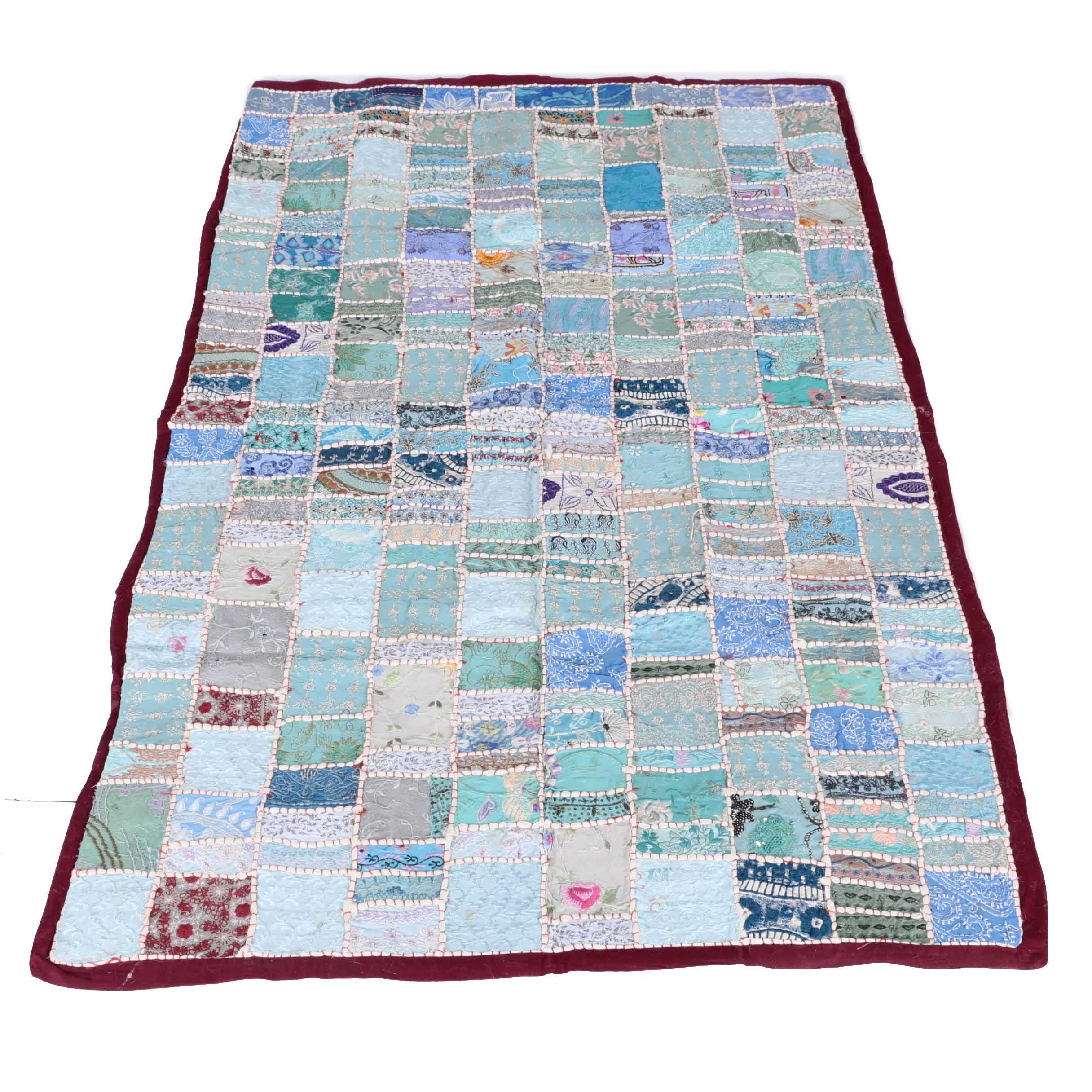 Hand Sewn Indian Pieced and Embroidered Quilt