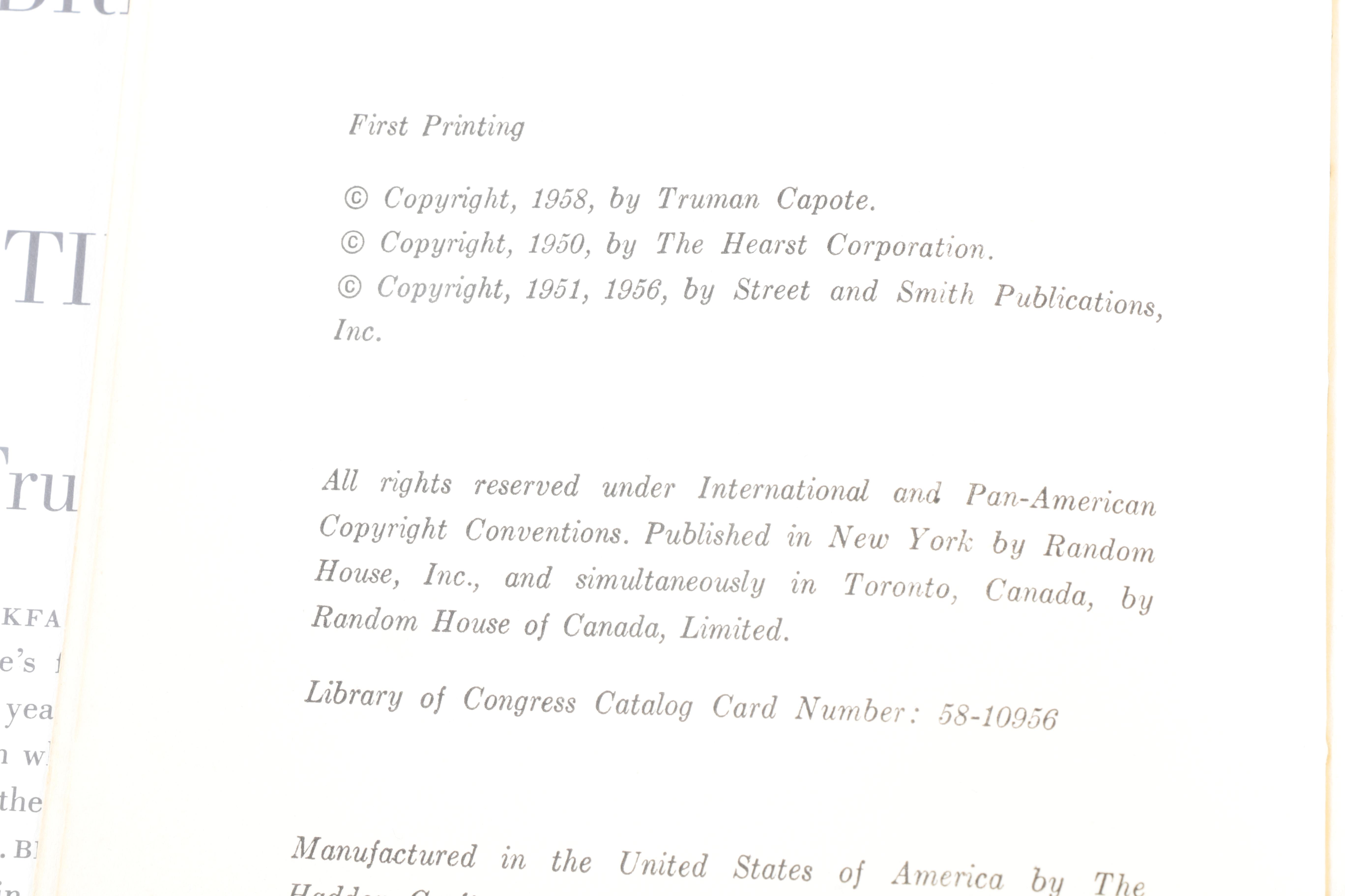 1958 First Printing "Breakfast at Tiffany's" by Truman Capote