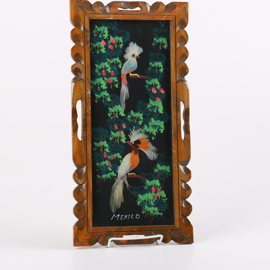 Vintage Mexican Feathercraft Mixed Media Illustration in Carved Cedar Frame